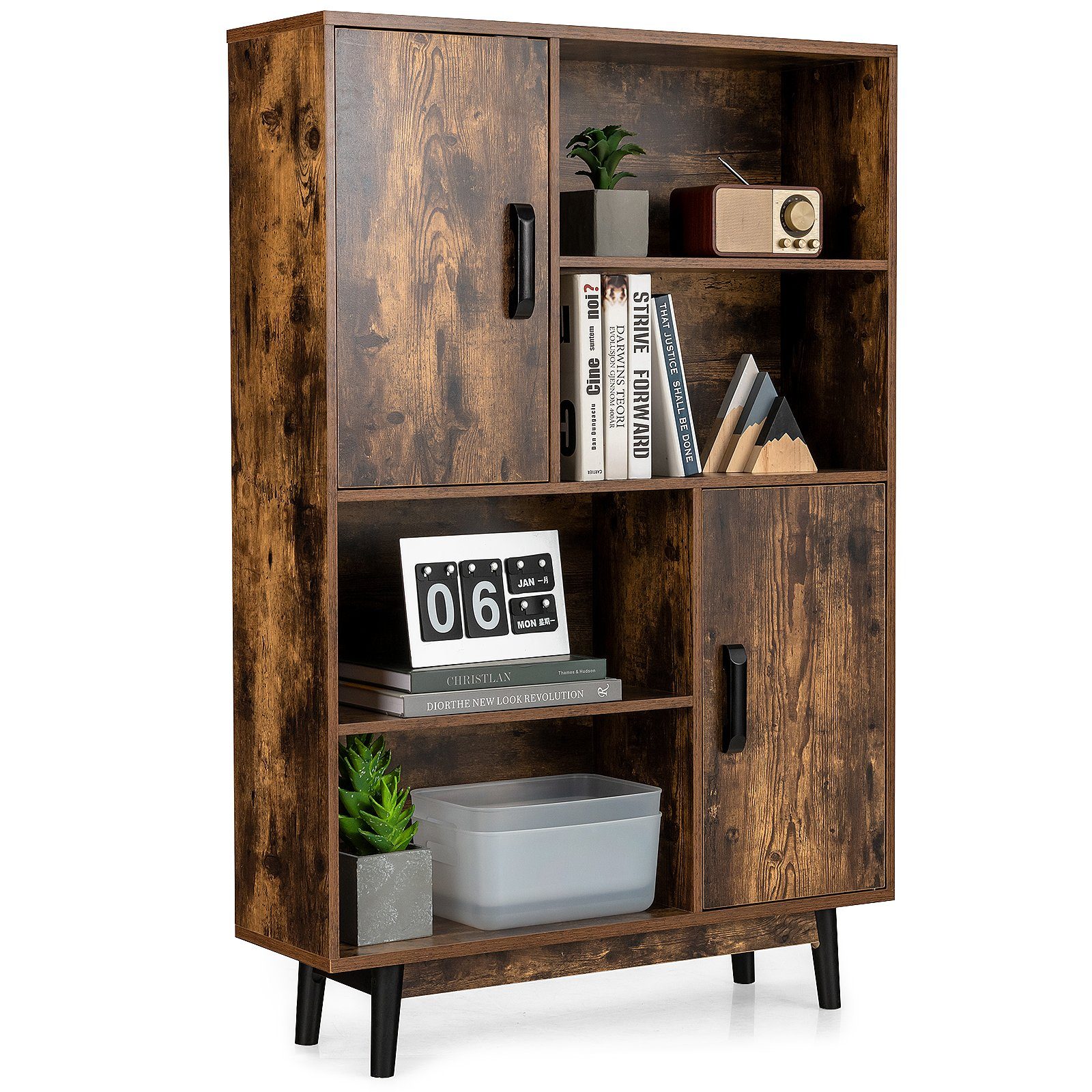 COSTWAY Bücherregal, mit 2 Türen & 4 Regalen, Kippsicherung, Holz, 80x24x120cm