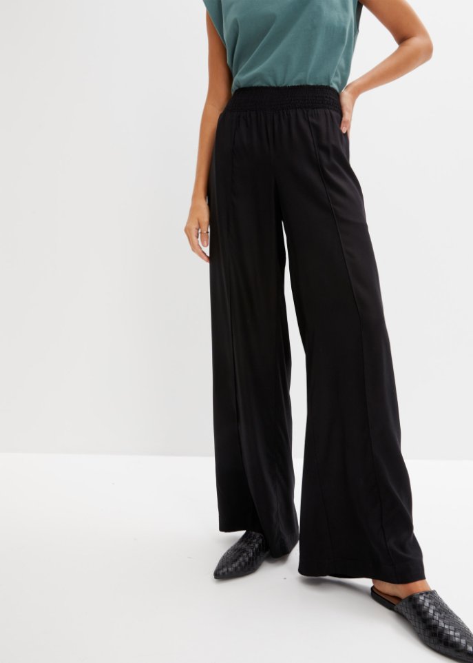 Weite Hose aus Viscose mit High-Waist-Smockbund, Crepegewebe