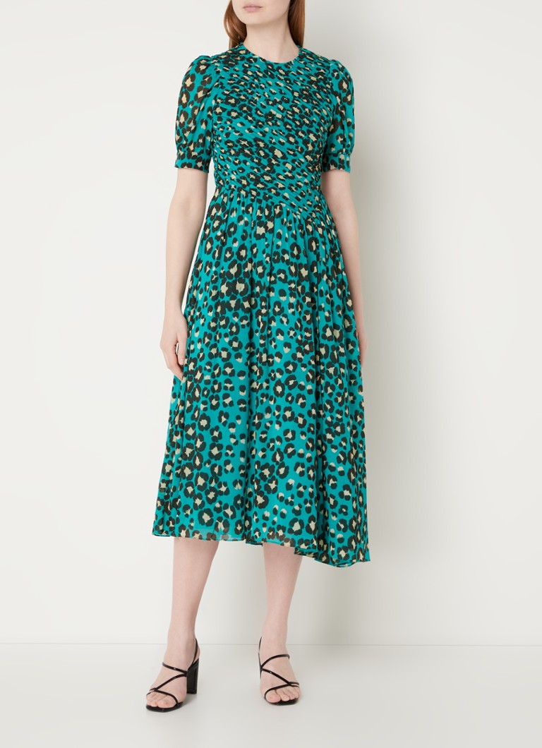 Whistles Painted Leopard midi dress with puff sleeves