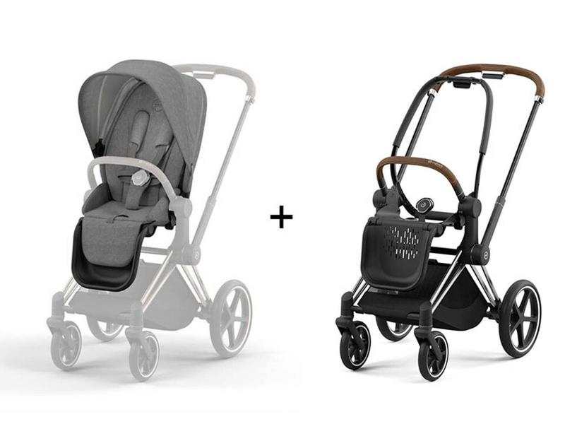 Poussette PRIAM 4 châssis Chrome Noir habillage Manhattan Grey Plus
