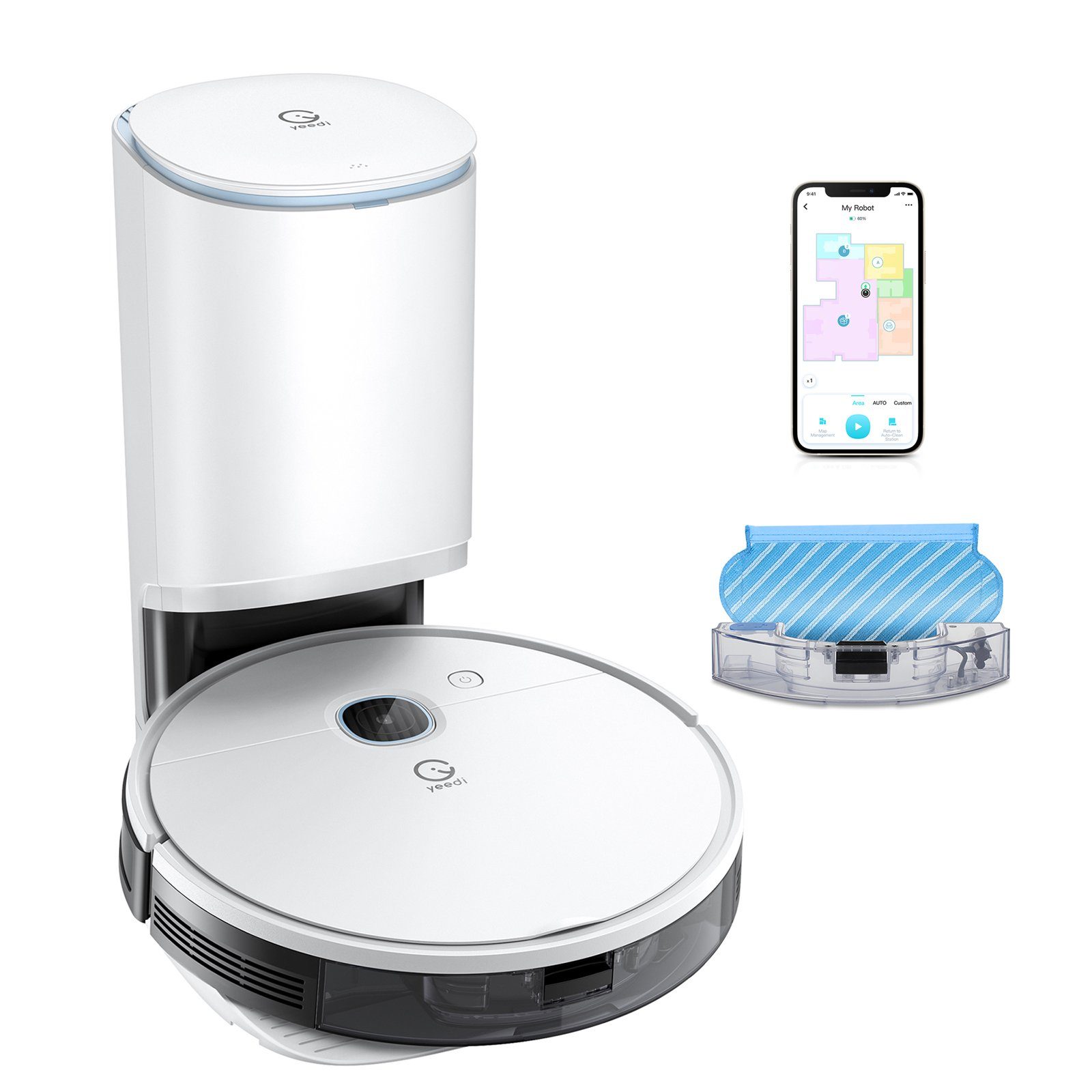 YEEDI Nass-Trocken-Saugroboter Vac Station, mit Absaugstation, 3-in-1-Funktion, App-/Sprachsteuerung, 69,00 W, beutellos, 200 min Laufzeit, 3000 Pa Saugleistung, Raumkarte, Teppicherkennung