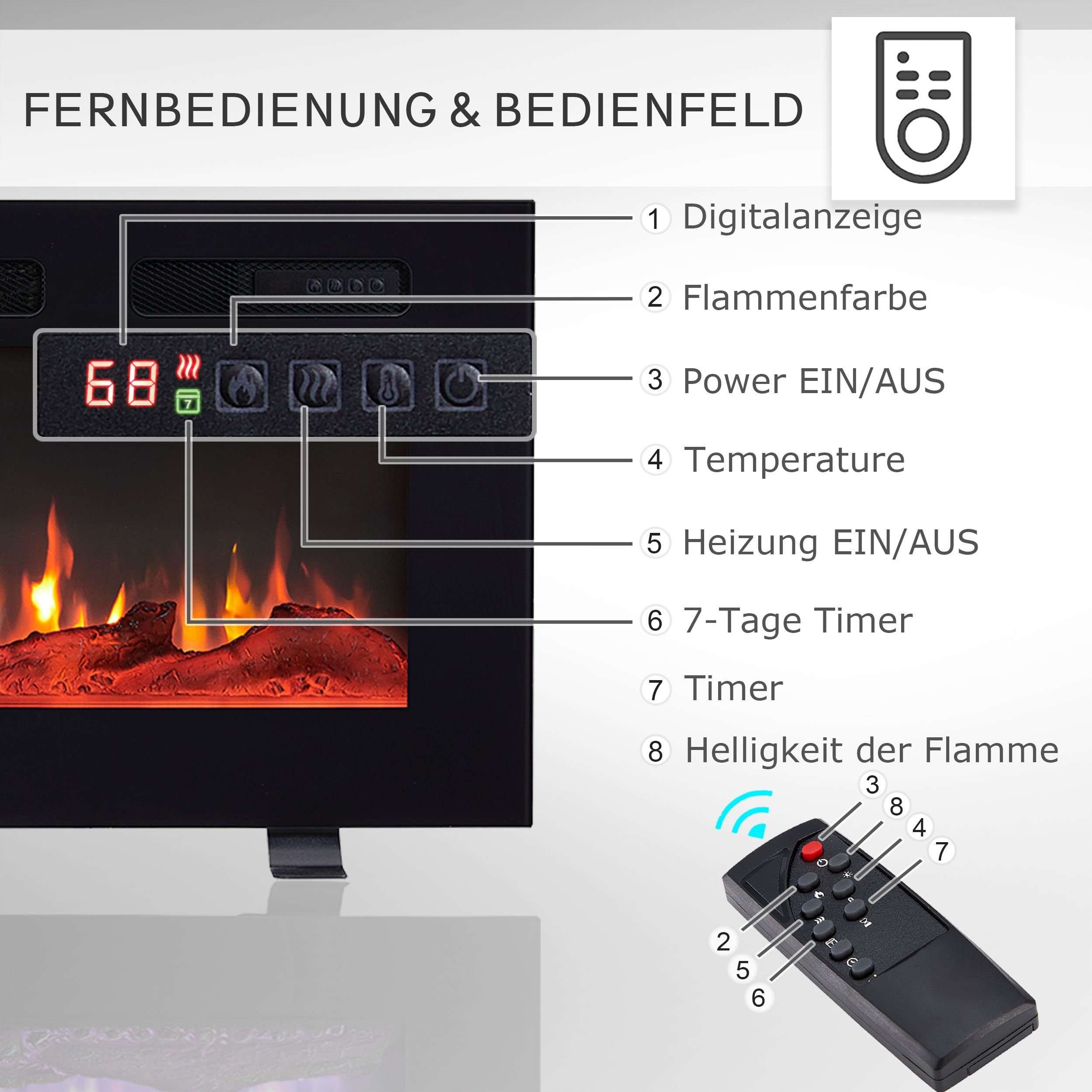 Balderia Elektrokamin Leif, 3 in 1 Stand-, Wand- oder Einbaukamin mit Heizung 1800W, realistischer 3D-Flammeneffekt, Fernbedienung, Timer, Thermostat