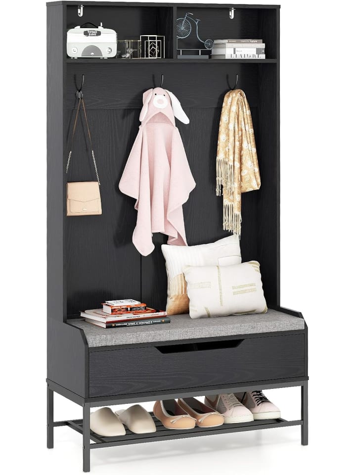 COSTWAY Garderobenständer mit Sitzbank 90 x 38,5 x 170 cm in Schwarz günstig kaufen onesize