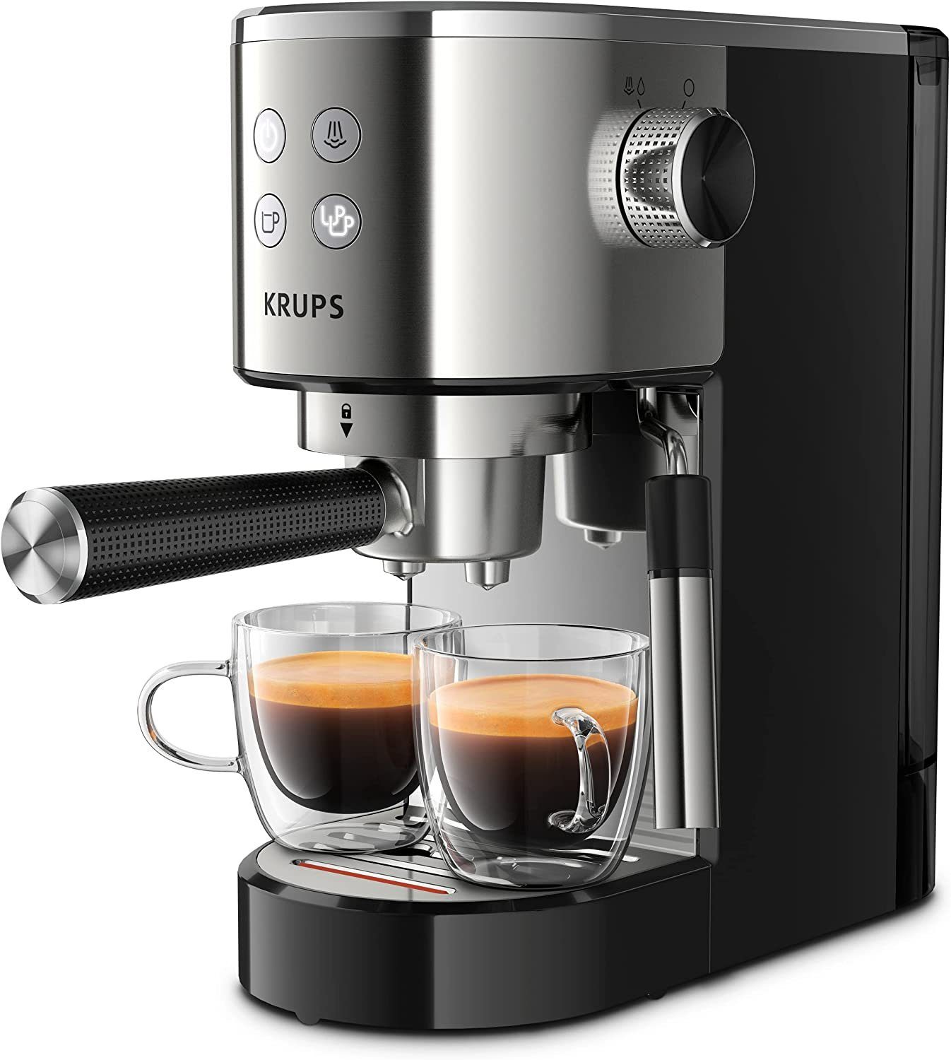Krups Espressomaschine XP442C, 1l Kaffeekanne, Filtereinsatz automatischer Abschaltung, ESE Kaffeepads geeignet Edelstahl, 15 Bar + Tamper, Milchschaumdüse