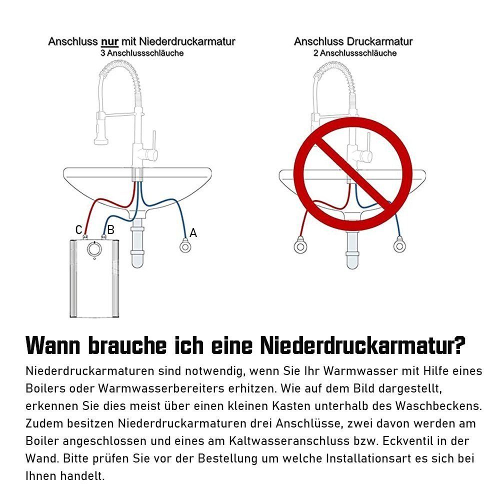 XIIW Waschtischarmatur Niederdruck Armatur Küche Küchenarmatur mit 3 anschlüsse (Niederdruckarmaturen Mischbatterie Wasserhahn 360° Schwenkbar Spültischarmatur mit Brause 3/8 Zoll Norm-Anschluss)