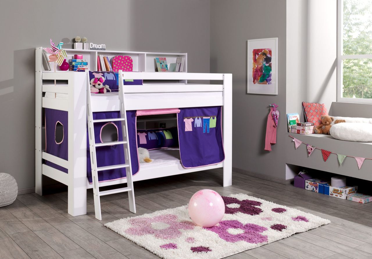 Relita Etagenbett Jan mit Bücherregal und Vorhang rosa/violett Kleider