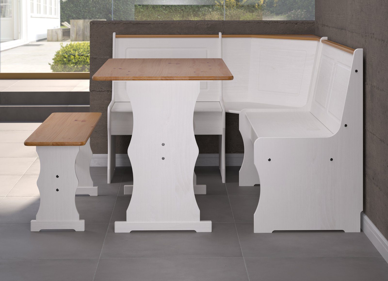 INTER-FURN Eckbankgruppe Paterno, (Kiefer massiv, weiß und honigfarben gewachst, Komplett-Set 3-teilig), inklusive Esstisch und Bank