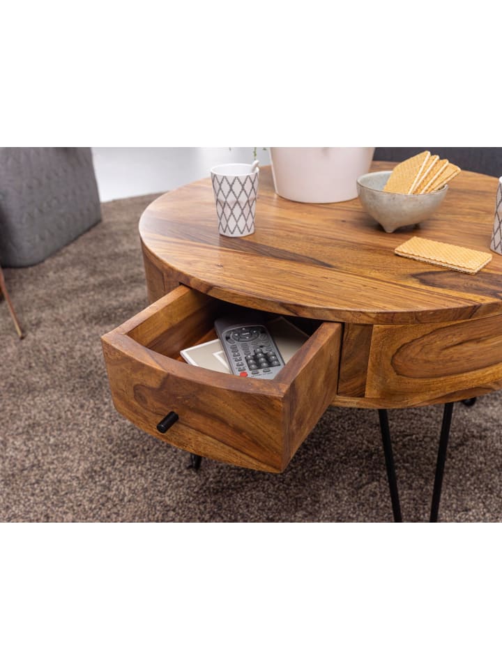 KADIMA DESIGN Couchtisch | Sheesham Massiv, Schubladen, Vintage, Rund günstig kaufen onesize