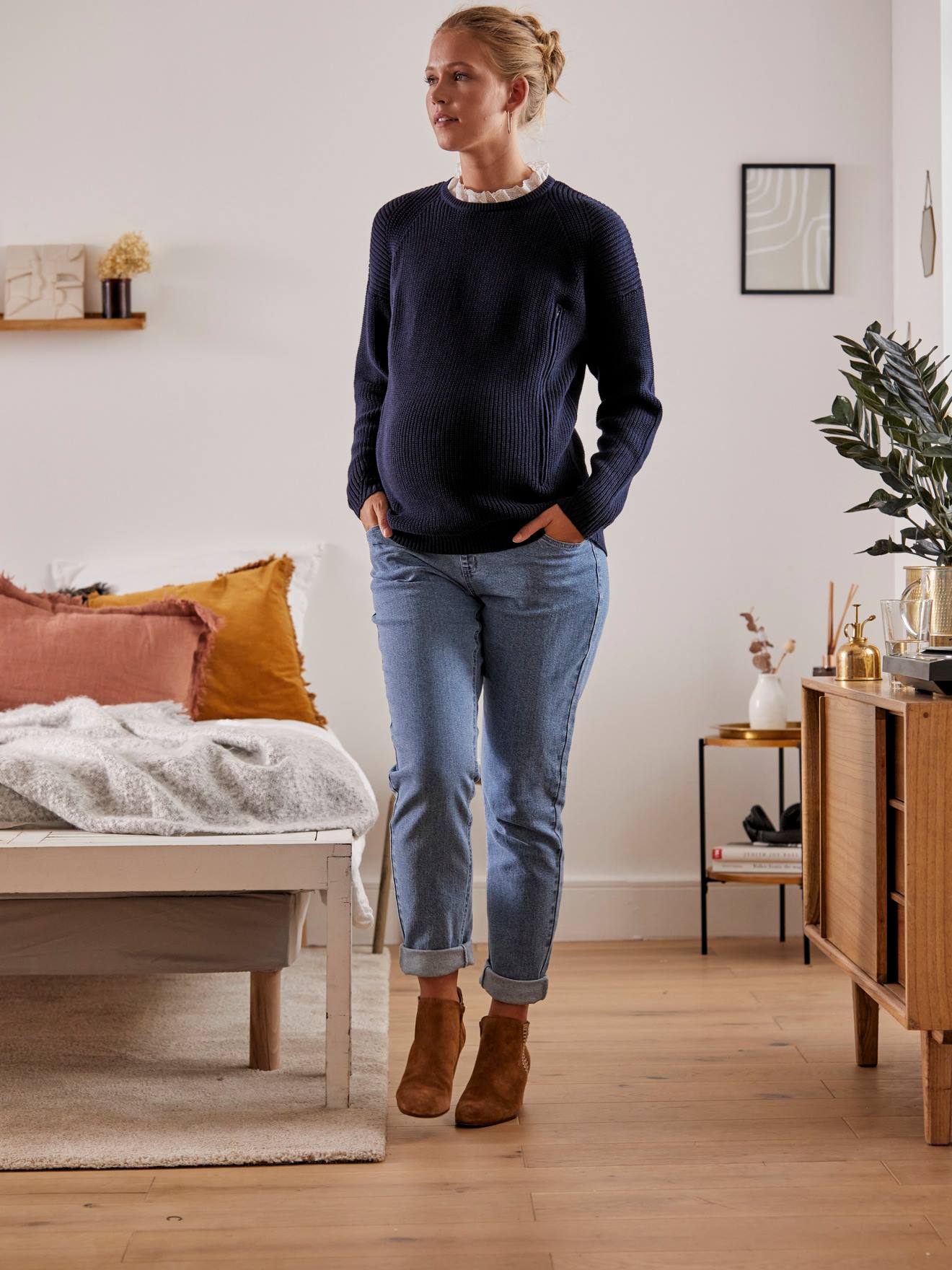 Pull col volanté grossesse et allaitement bleu marine