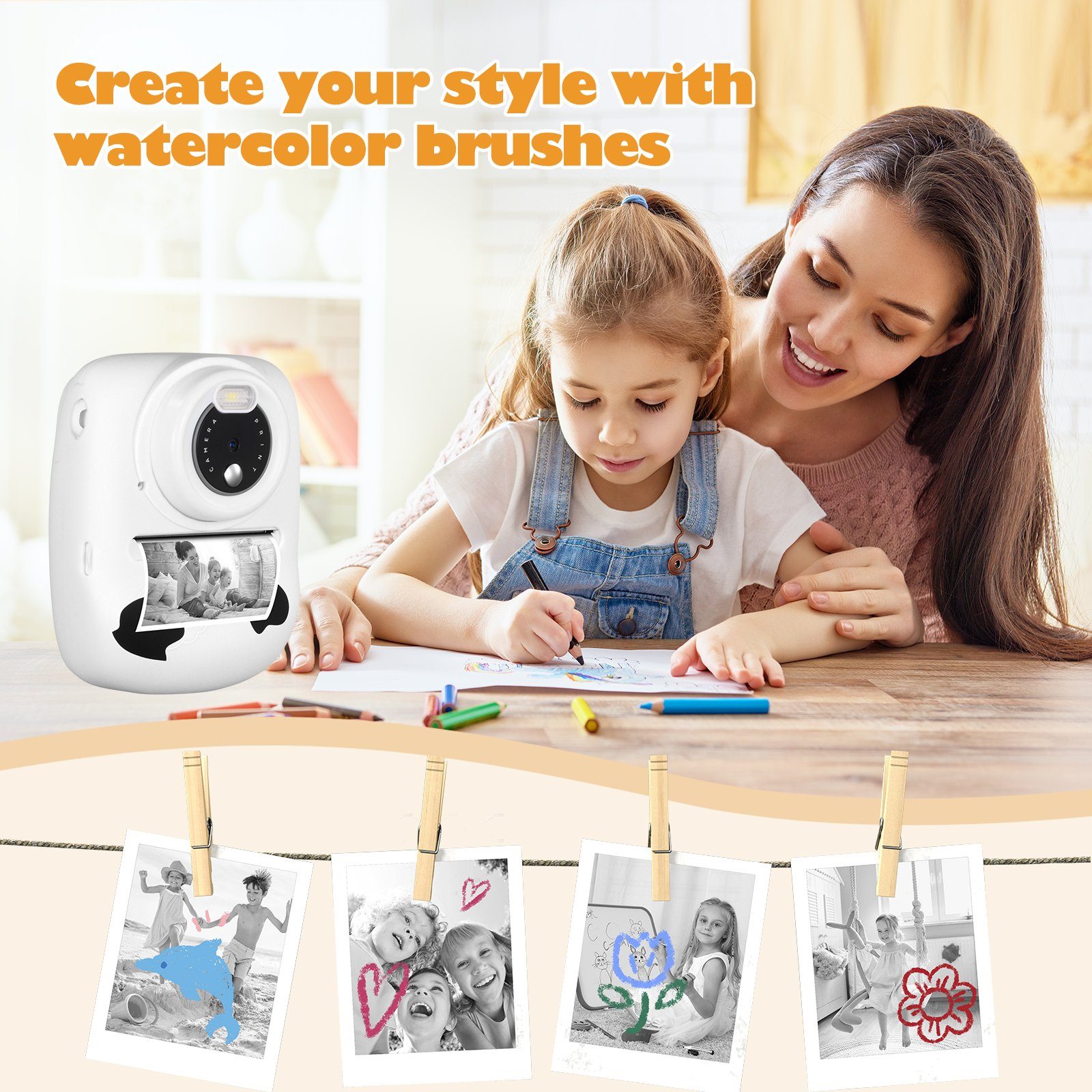 Fine Life Pro CD-P01B Kinderkamera (30 MP, 16x opt. Zoom, WLAN (Wi-Fi), inkl. 6 farbigen Pinselstiften + 2 Rollen Druckpapier + Aufkleber, Videoaufnahmen mit Ton in Full HD, automatische Abschaltung, automatische Blitzzuschaltung)