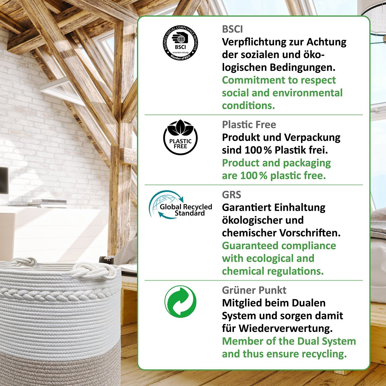 WIESEN.design Wäschekorb Knut Hellbraun/Weiß, 100% Baumwolle, Aufbewahrungskorb geflochten, inkl. großem Waschsack und schwerem Wäschesack, gratis Versand