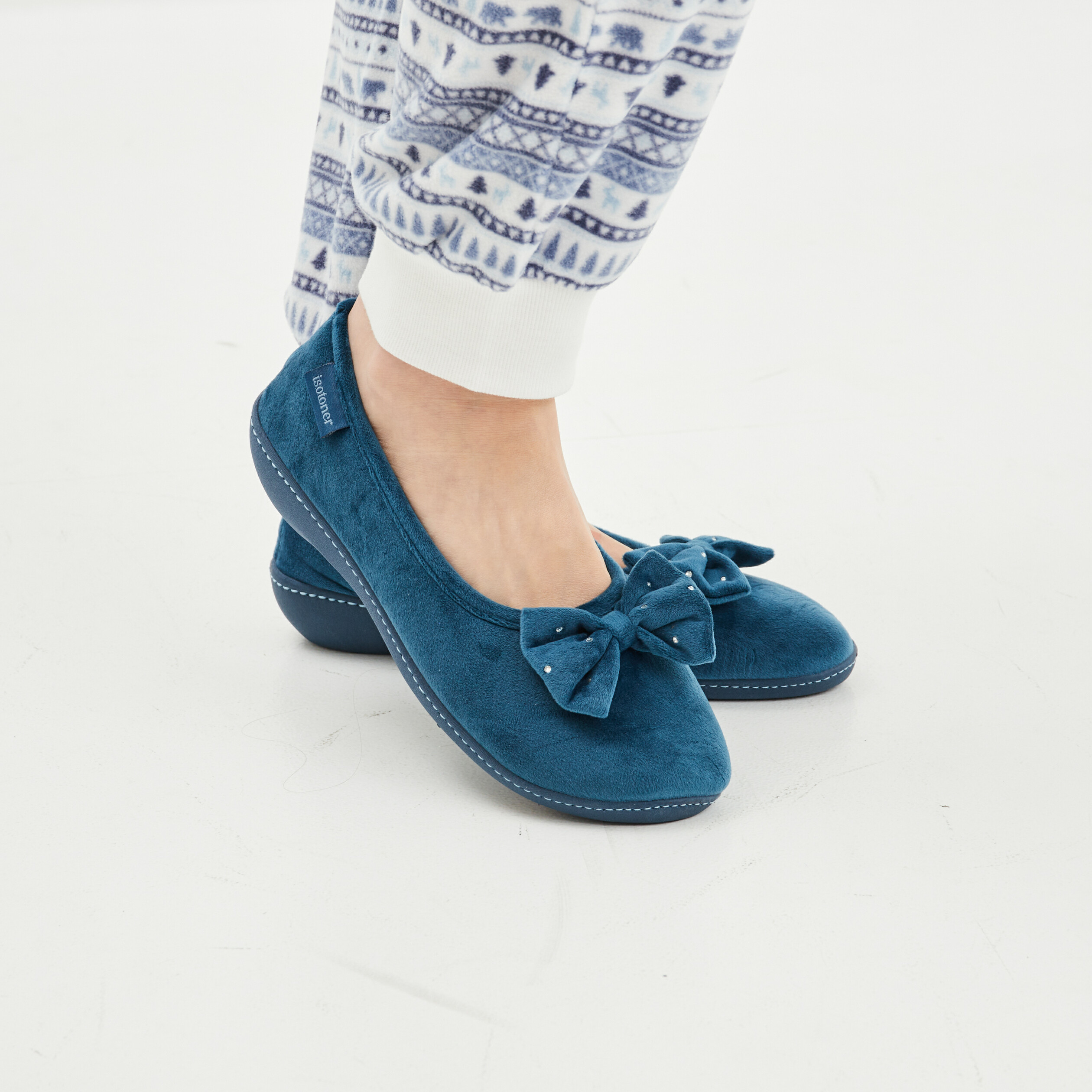 Chaussons ballerines velours Isotoner bleu canard femme | La Halle