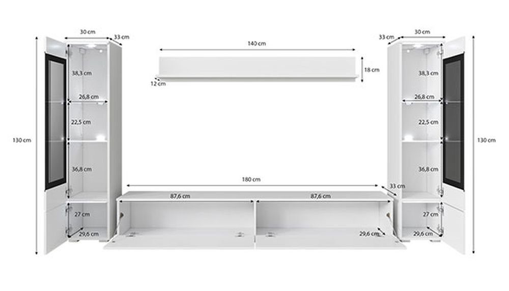 Feldmann-Wohnen Wohnwand Vera, (Set, 2 Hängevitrinen - 1 Lowboard - 1 Wandregal), Gesamtmaße B/T/H: 240 cm / 33 cm / 130 cm