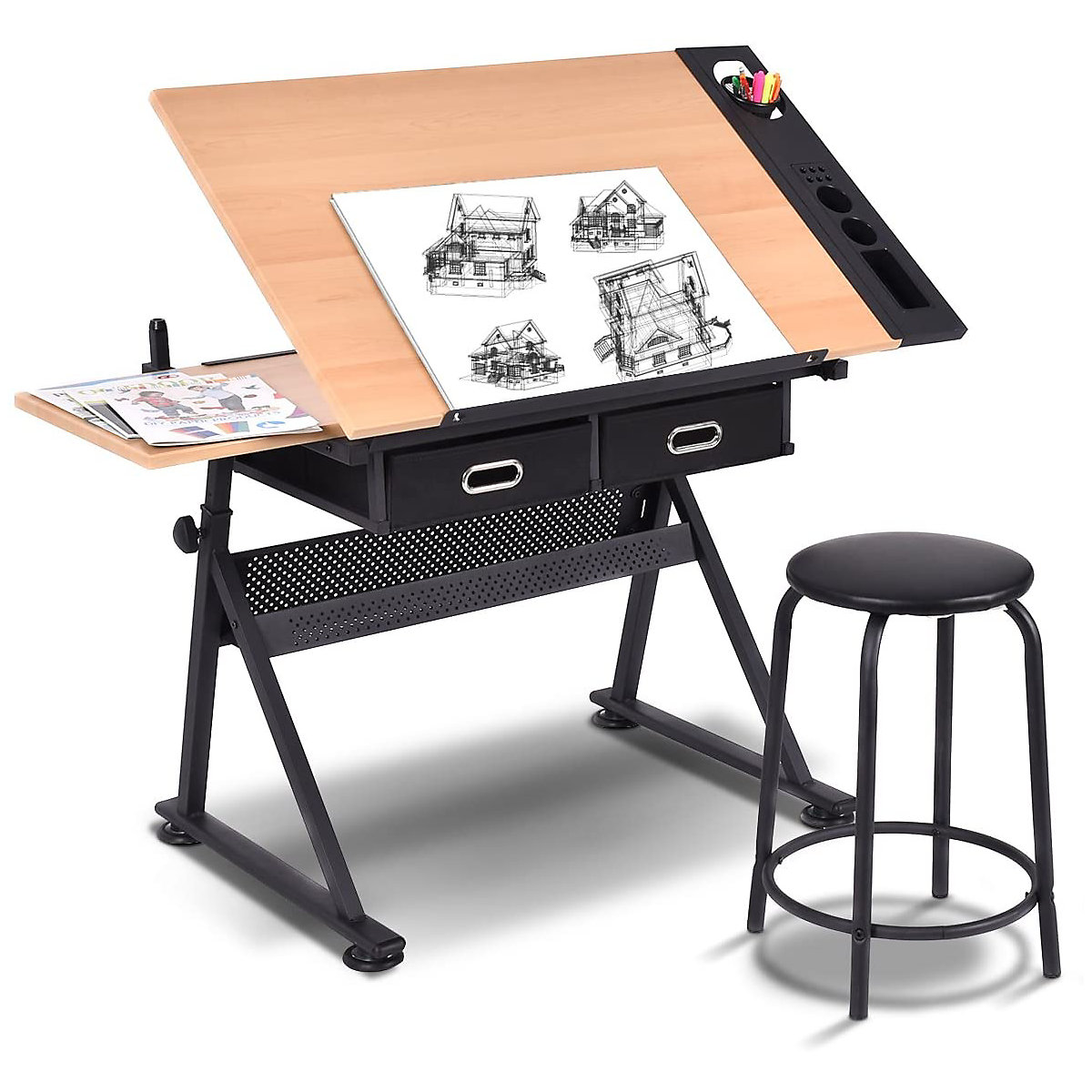 Schreibtisch mit Hocker höhenverstellbar neigbar
