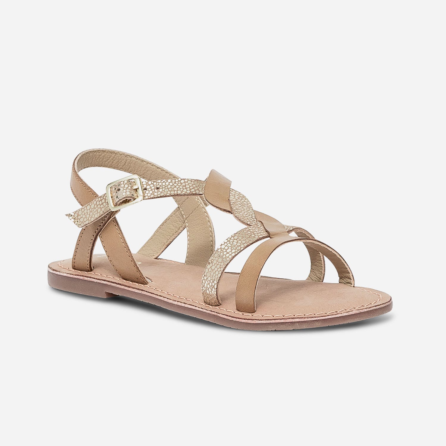 Sandale camel en cuir lisse et imprimé