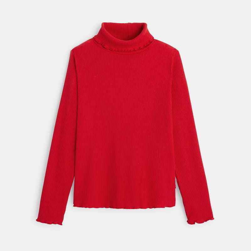 T-shirt col roulé côtelé uni rouge fille