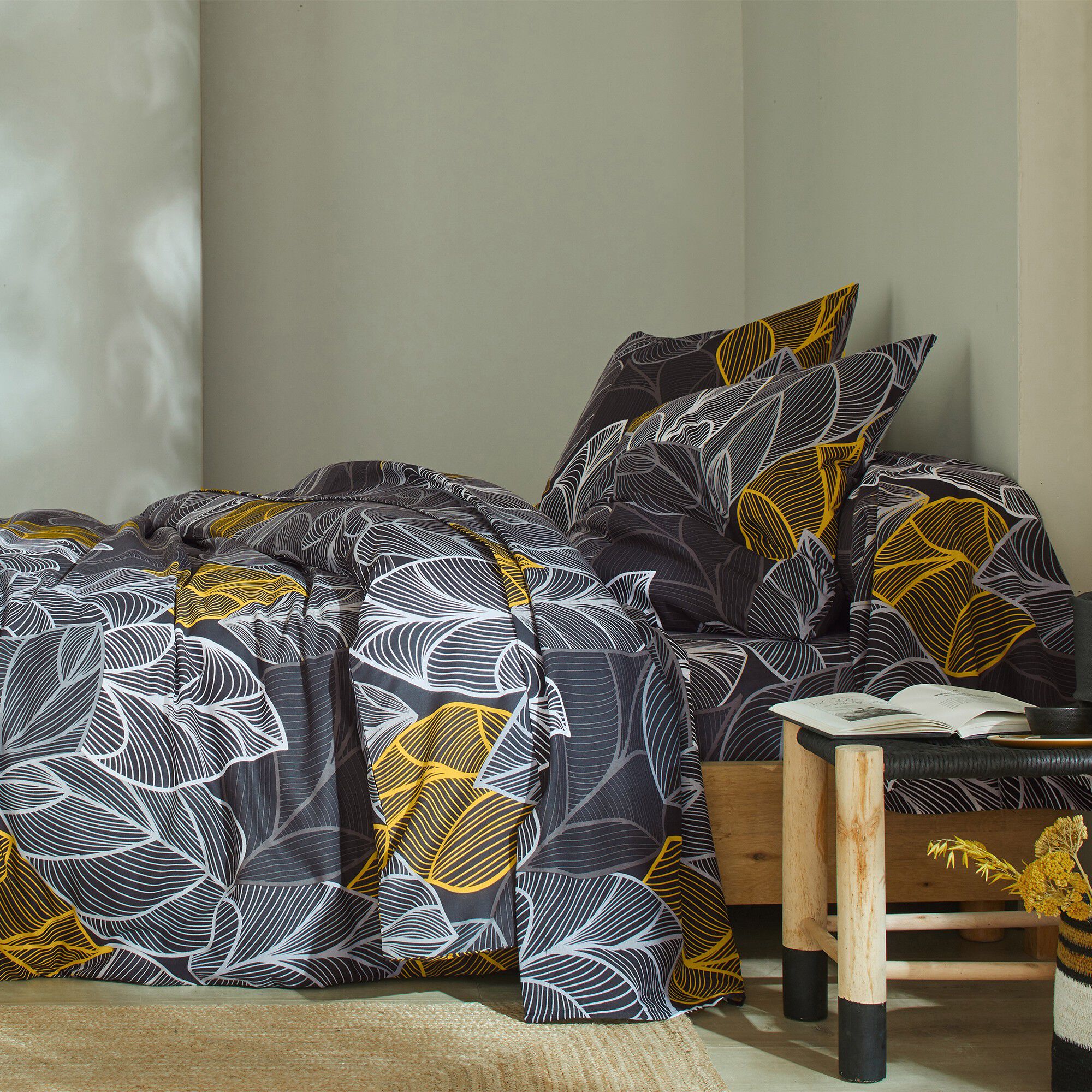 Linge de lit Elsa en polycoton à motifs feuilles