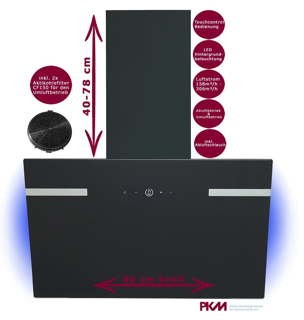 PKM Wandhaube Dunstabzugshaube 60cm Schwarz Glasschirm LED Hintergrundbeleuchtung Umluft
