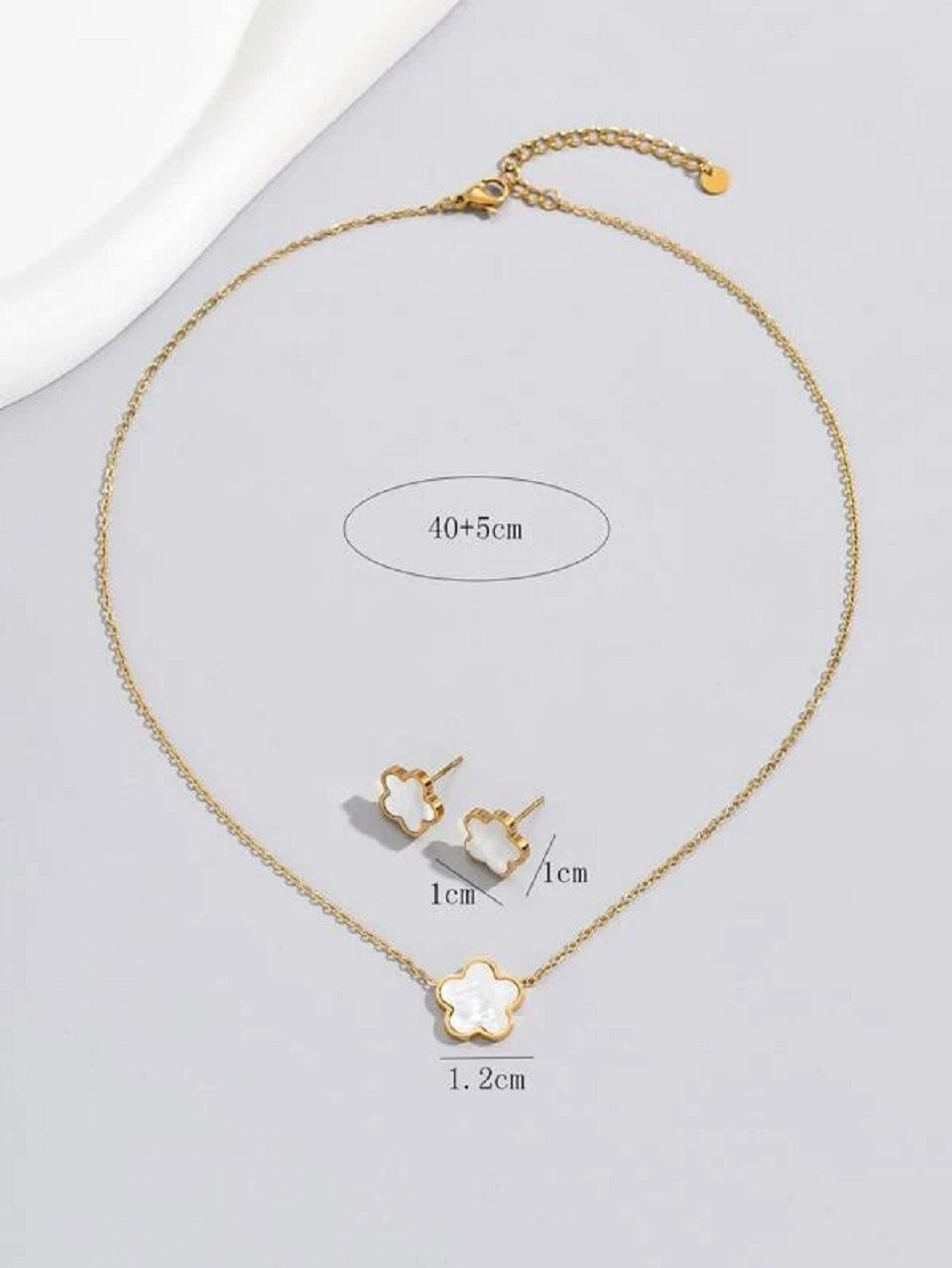 ENGELSINN Ohrring und Ketten Set Schmuckset 3er Edelstahl-Schmuckset Halskette Ohrringe Blume Gold (3-tlg), Perlmutt inkl. Geschenkbox