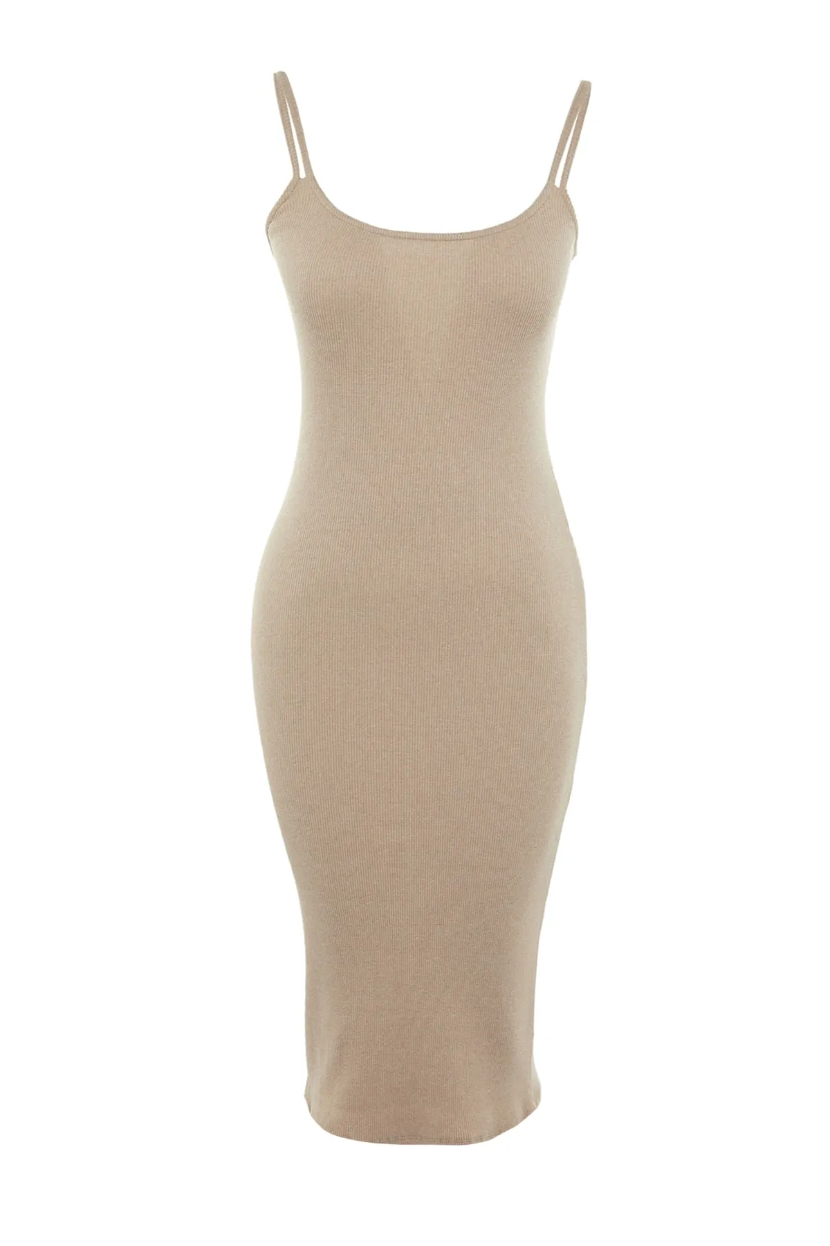 Trendyol Collection  Kamelfarbenes, figurbetontes, geripptes, flexibles Midi-Bleistiftkleid aus Strick mit Poolkragen und doppelten Kordelriemen TWOSS22EL2452