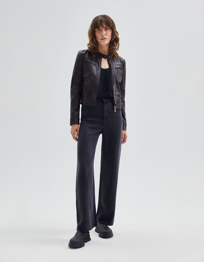 Veste chocolat en cuir à poches zippées Femme