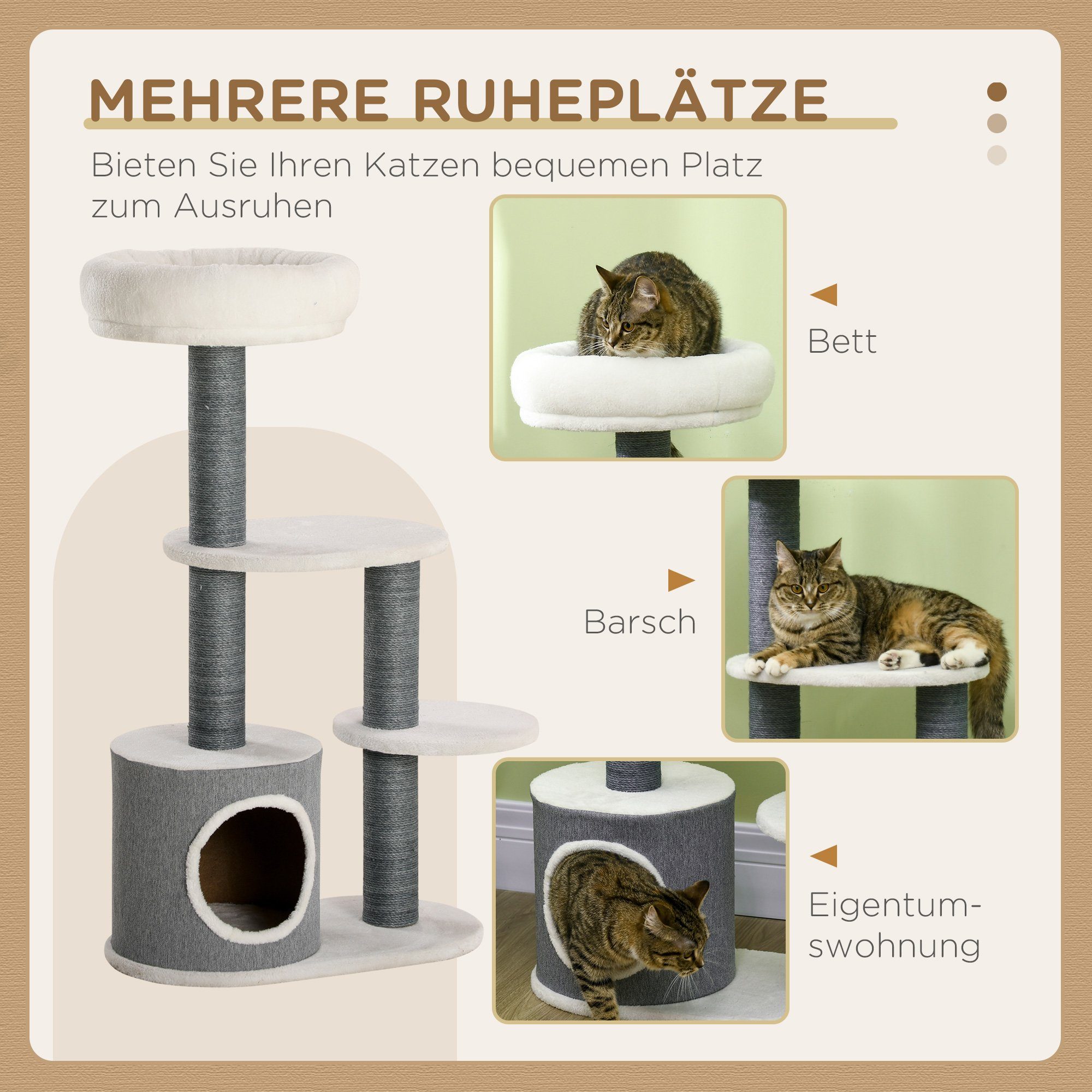 PawHut Kratzbaum Katzenkratzbaum mit Katzenhöhle, 3 Plattformen, Katzenmöbel, Grau+Weiß, 30.5B x 55.5L x 98H cm