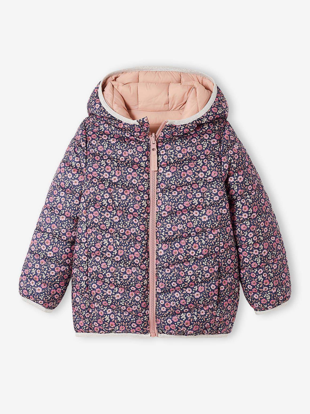 Doudoune à capuche légère réversible fille anthracite imprimé