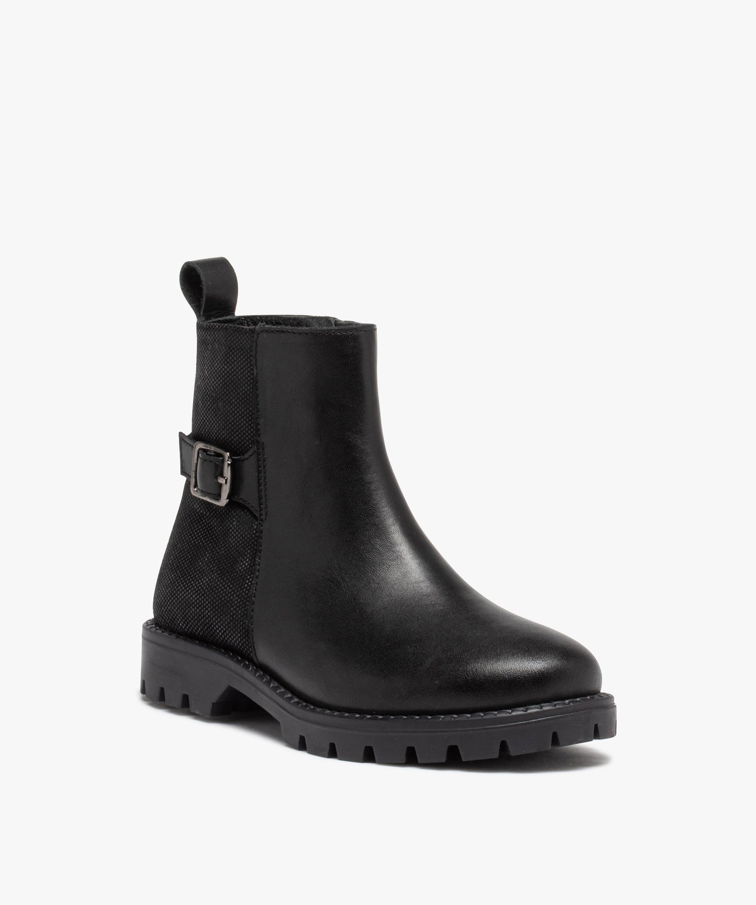 Boots en cuir à semelle crantée et bride fille noir | GEMO