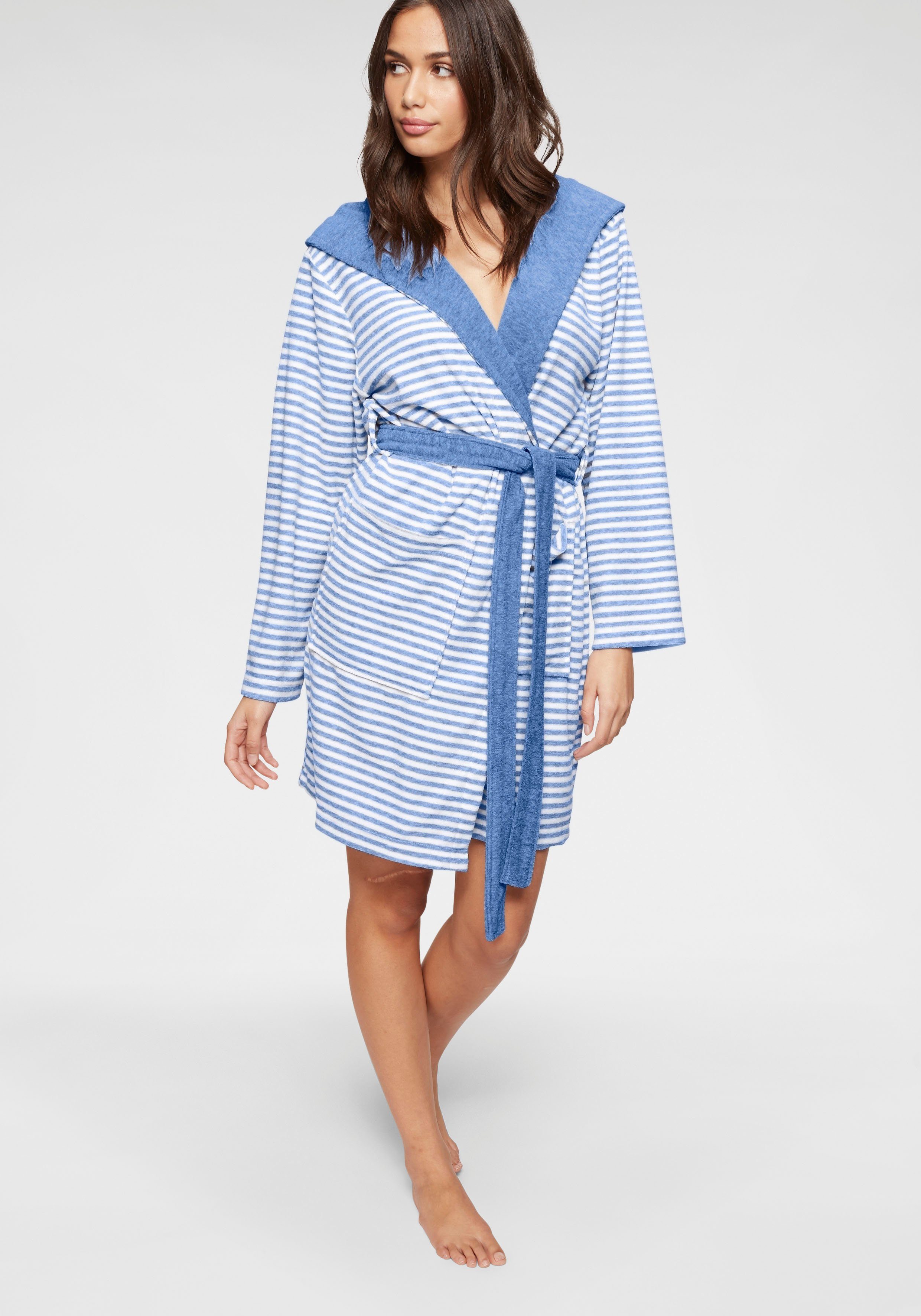 KangaROOS Damenbademantel Luana, Kurzform, Leichtfrottee, Kapuze, Gürtel, Streifen - Bademantel für Damen, gestreift, XS-2XL