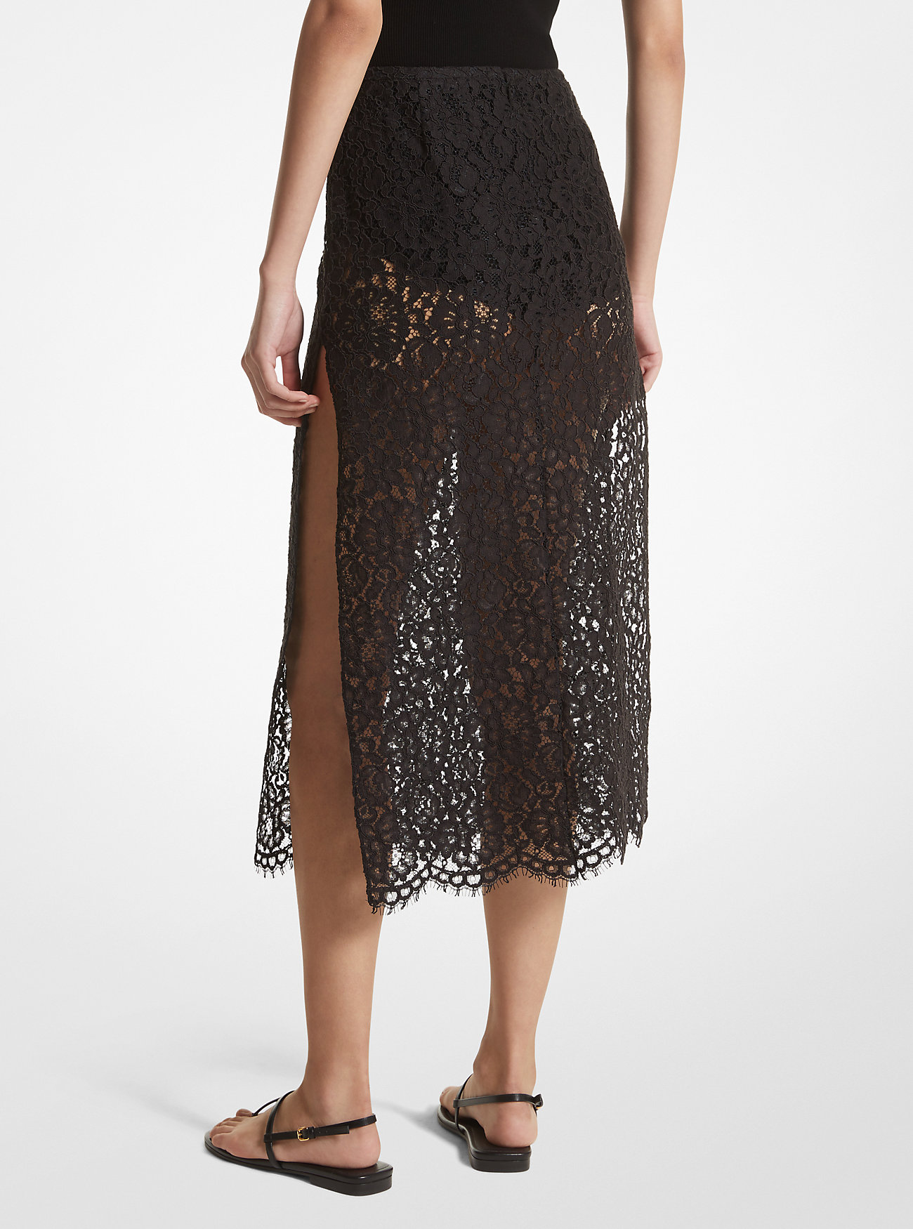 Corded Floral Lace Slit Skirt - BLACK