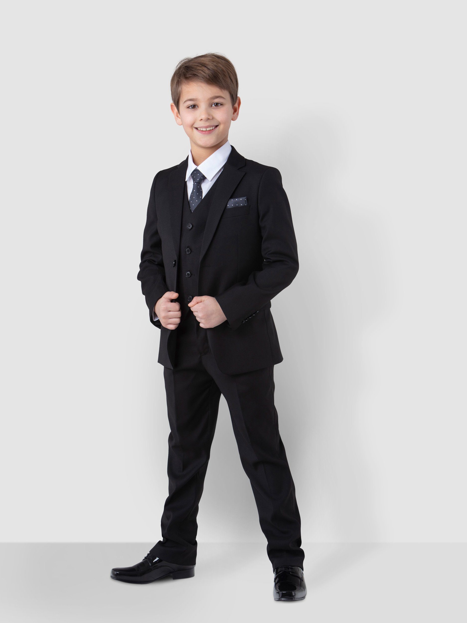 Melli-Trends Kinderanzug Luxuriöser Jungen Anzug Kommunionanzug 6-teilig, in Schwarz (Sakko, Weste, Hemd, Hose, Krawatte und Einstecktuch) festlich, elegant