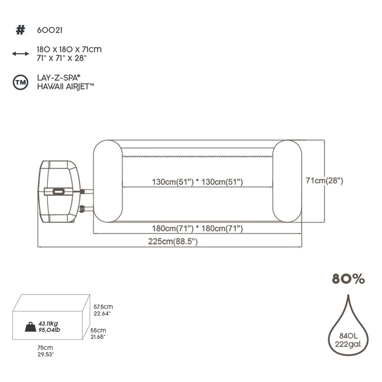 Bestway LAY-Z-SPAWhirlpool Hawaii AirJet™ 180 x 180 x 71 cm, eckig