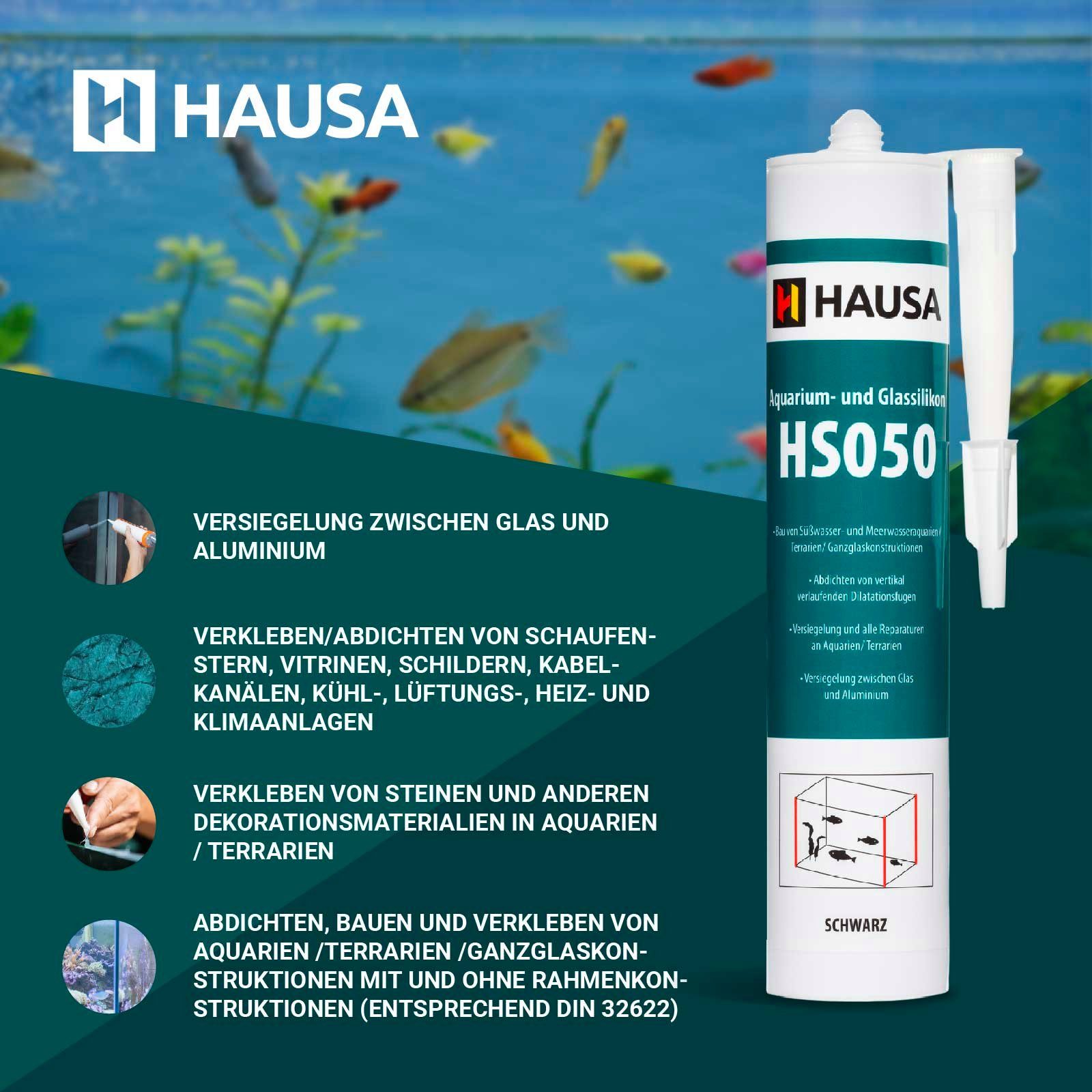 Hausa Silikon, Profi Silikon Kleb- und Dichtstoff für Aquarien und Glaskonstruktionen, Kartusche 310 ml, (Starke Haftung, 1-tlg., Schnelltrocknend), Süß- und Meerwasserbeständig Hohe Elastizität