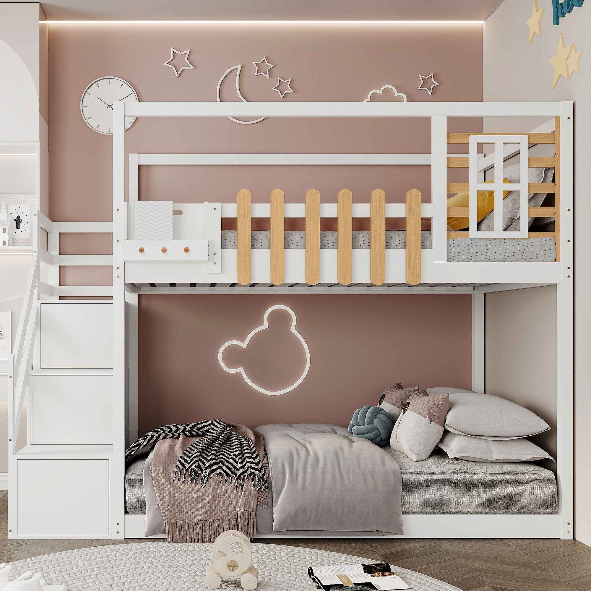 REDOM Kinderbett Kinderbett Einzelbett Gästebett Bett (mit 3 Schließfächer in der Treppe, mit Fallschutzgitter, mit Treppe, Fenster und Regalkasten), Rahmen aus massivem Kiefernholz, Ohne Matratze