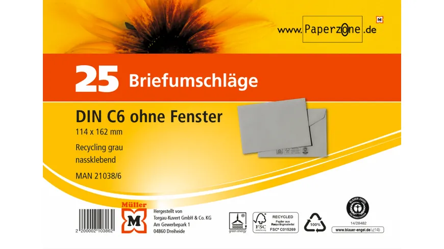 PAPERZONE Briefumschlag C6 recycling-grau