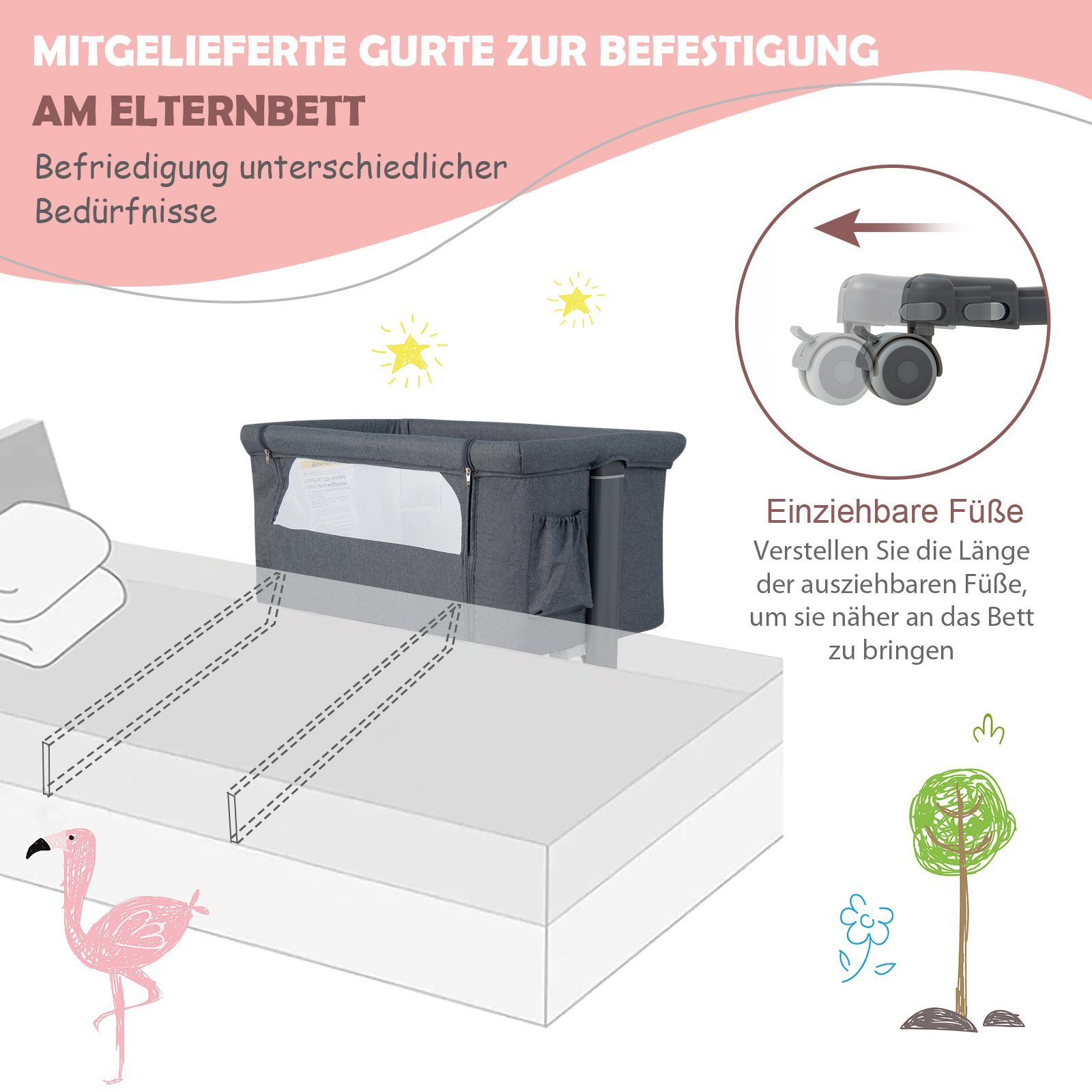 COSTWAY Beistellbett 3 in 1 Reisebett, 5-stufig höhenverstellbar,Matratze