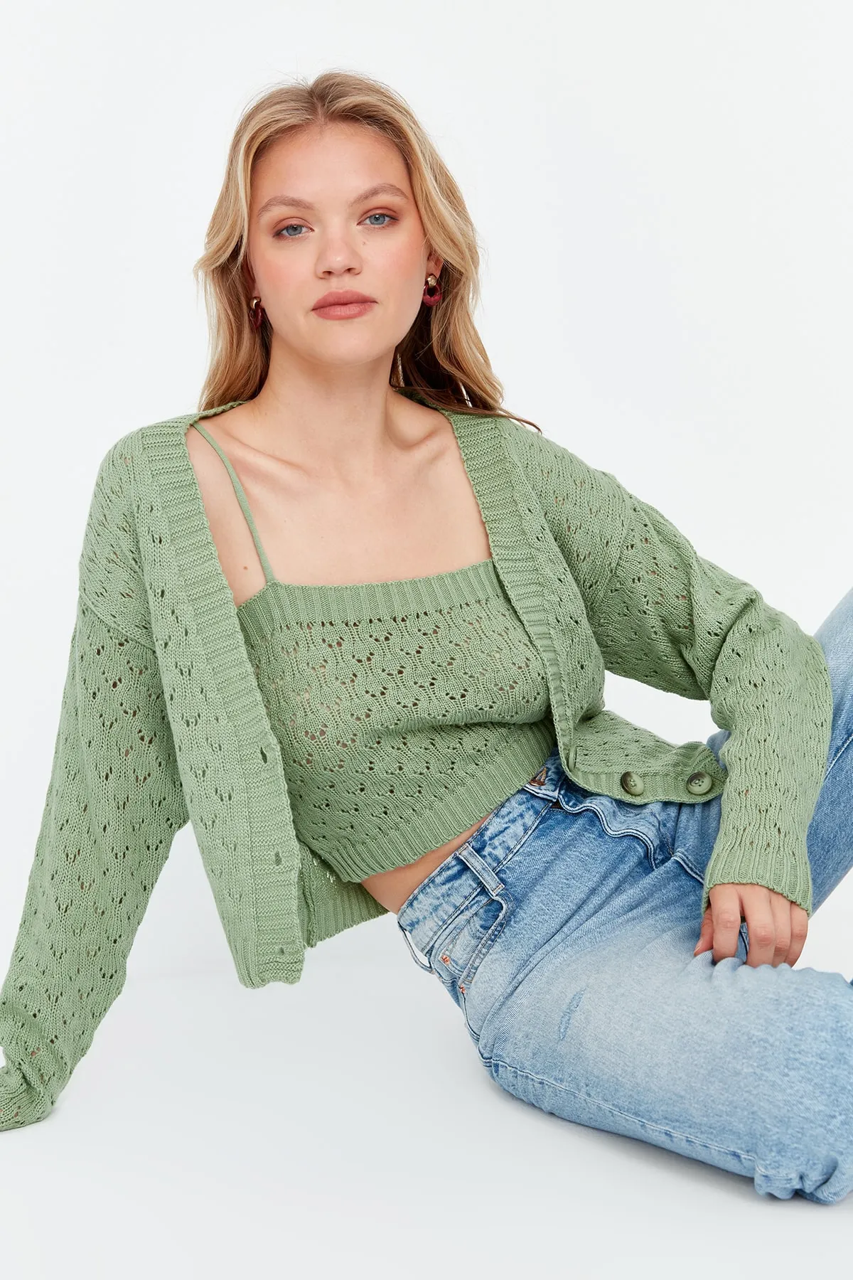 Trendyol Collection  Mintgrünes Strickset mit durchbrochenem Knopfdetail und Bluse