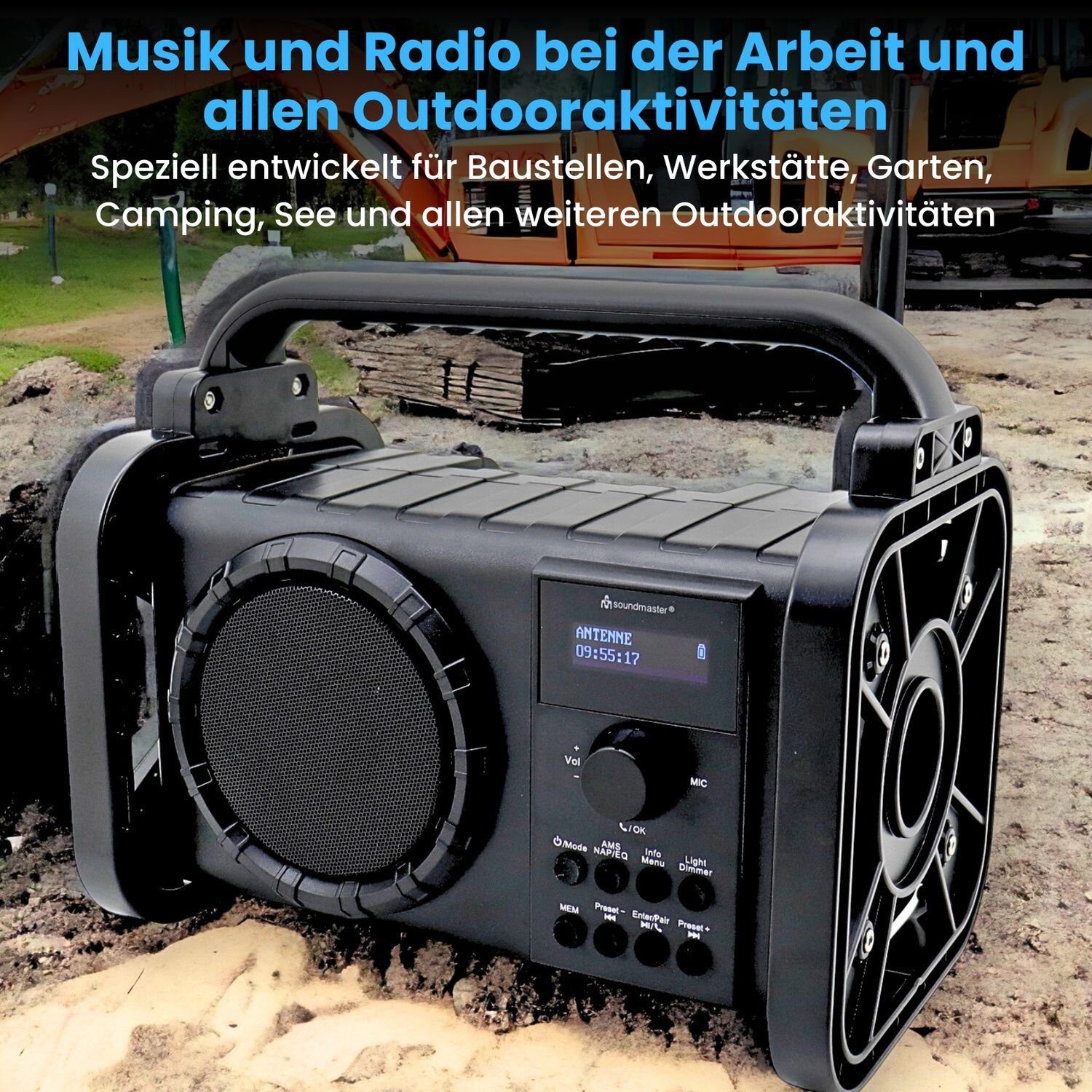 Soundmaster DAB80SW Baustellenradio DAB+ Bluetooth Akku IP44 spritzwassergeschützt Digitalradio (DAB) (DAB+, MW, PLL-UKW, FM, AM)