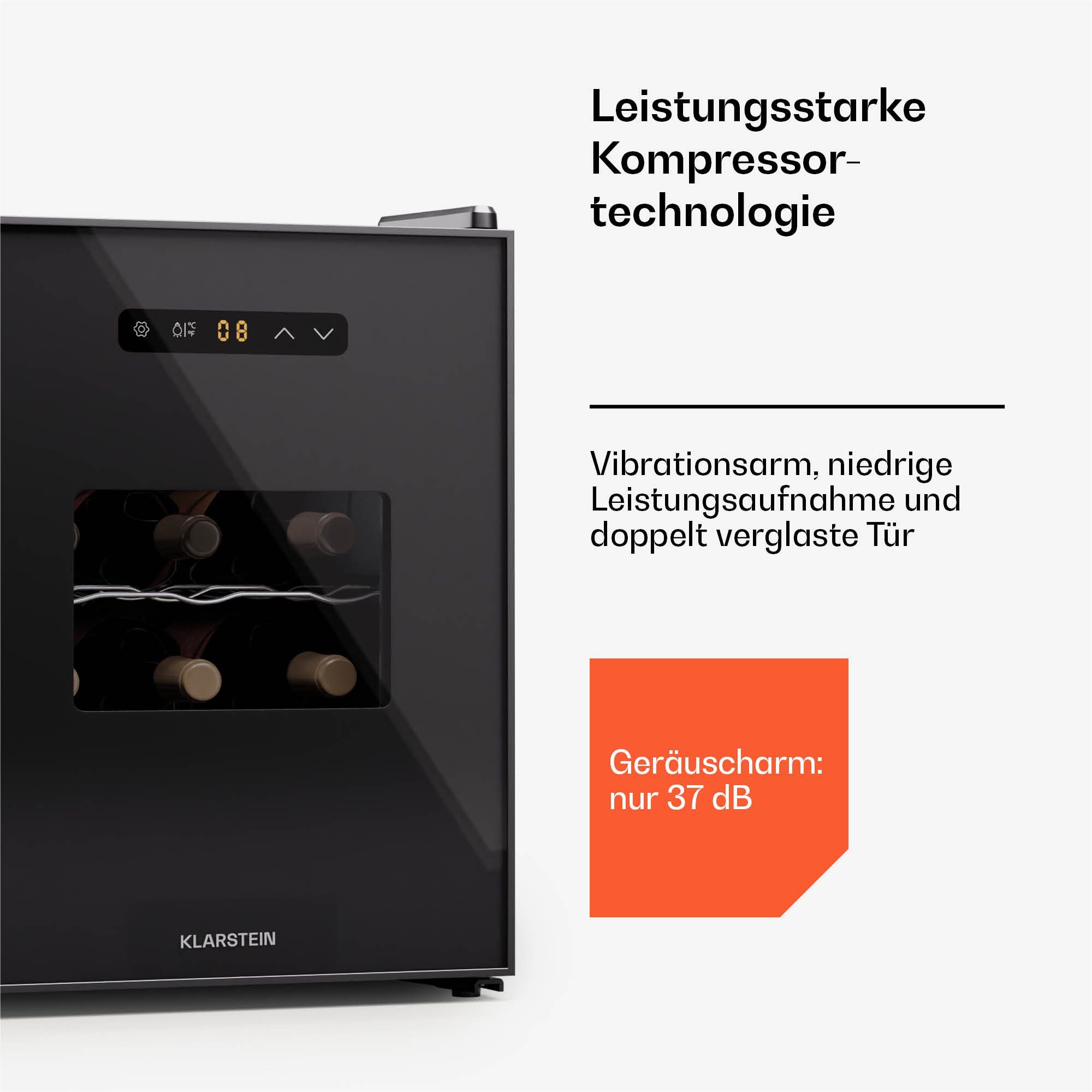 Klarstein Weinkühlschrank Silent Vino 12 Uno, für 12 Standardflaschen á 0,75l,Wein Flaschenkühlschrank Weintemperierschrank Weinschrank Kühlschrank