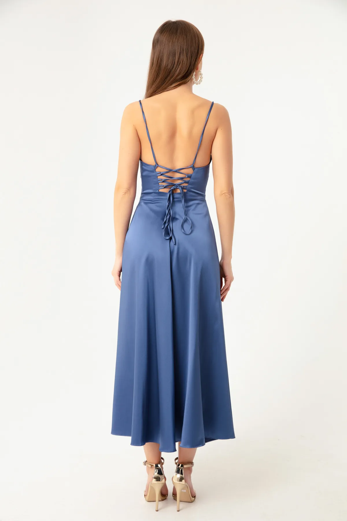 Lafaba  Damen-Abendkleid und Abschlusskleid in Indigo-Optik mit Volant und Schlitz in Midi-Länge aus Satin