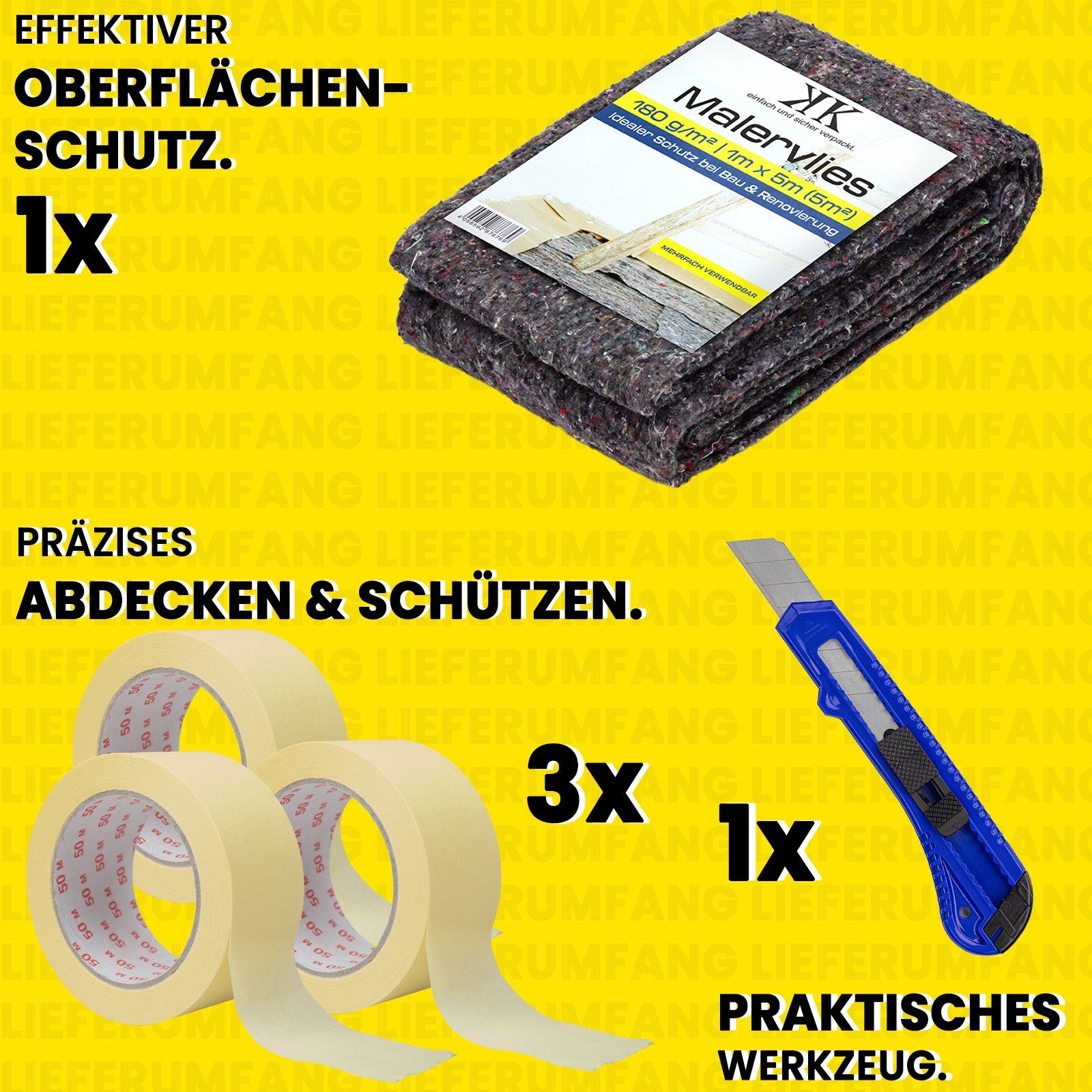 KK Verpackungen Bodenschutzvlies, (Spar-Set), Set Malervlies 5m Kreppband 30mm x 50m Cuttermesser 18mm
