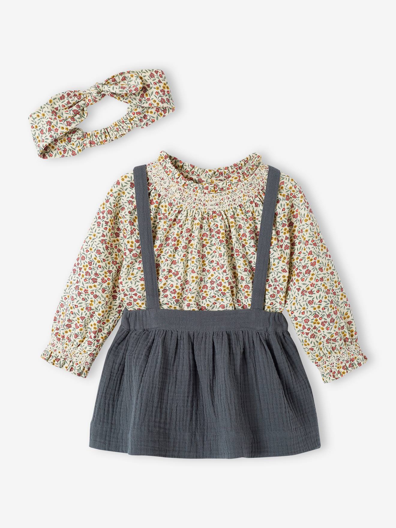 Ensemble 3 pièces : T-shirt + bandeau + jupe à bretelles bébé naissance vert