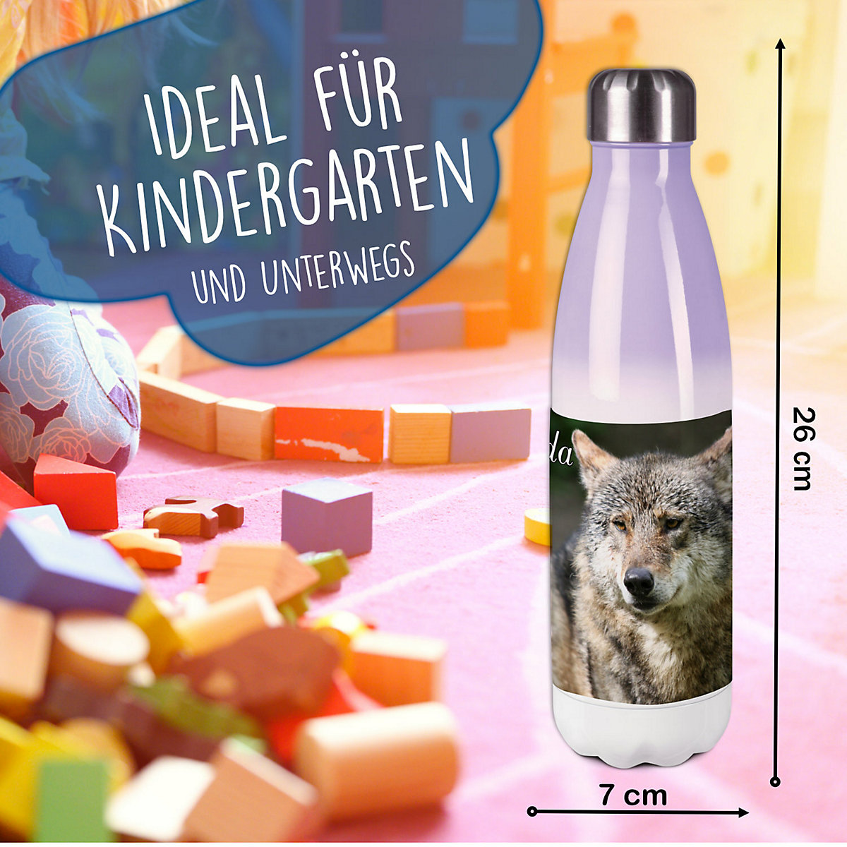 Edelstahl Kinder Thermoflasche / Trinkflasche bunt Wolf Spülmaschinenfest, Auslaufsicher, Bruchfest, Doppelwandig, Für Heißgetränke geeignet, Mit Deckel, Isoliert
