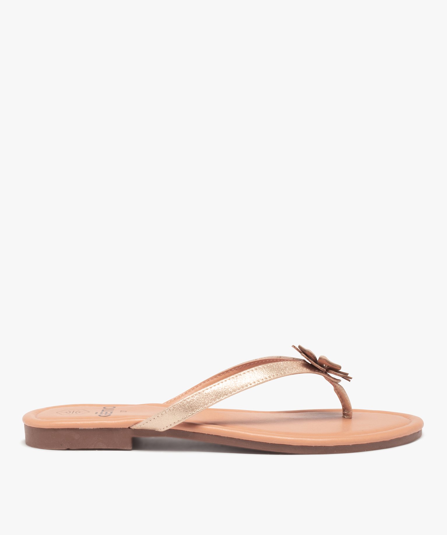 Tongs femme à petit talon plat et fleur sur l’entre-doigts or | GEMO