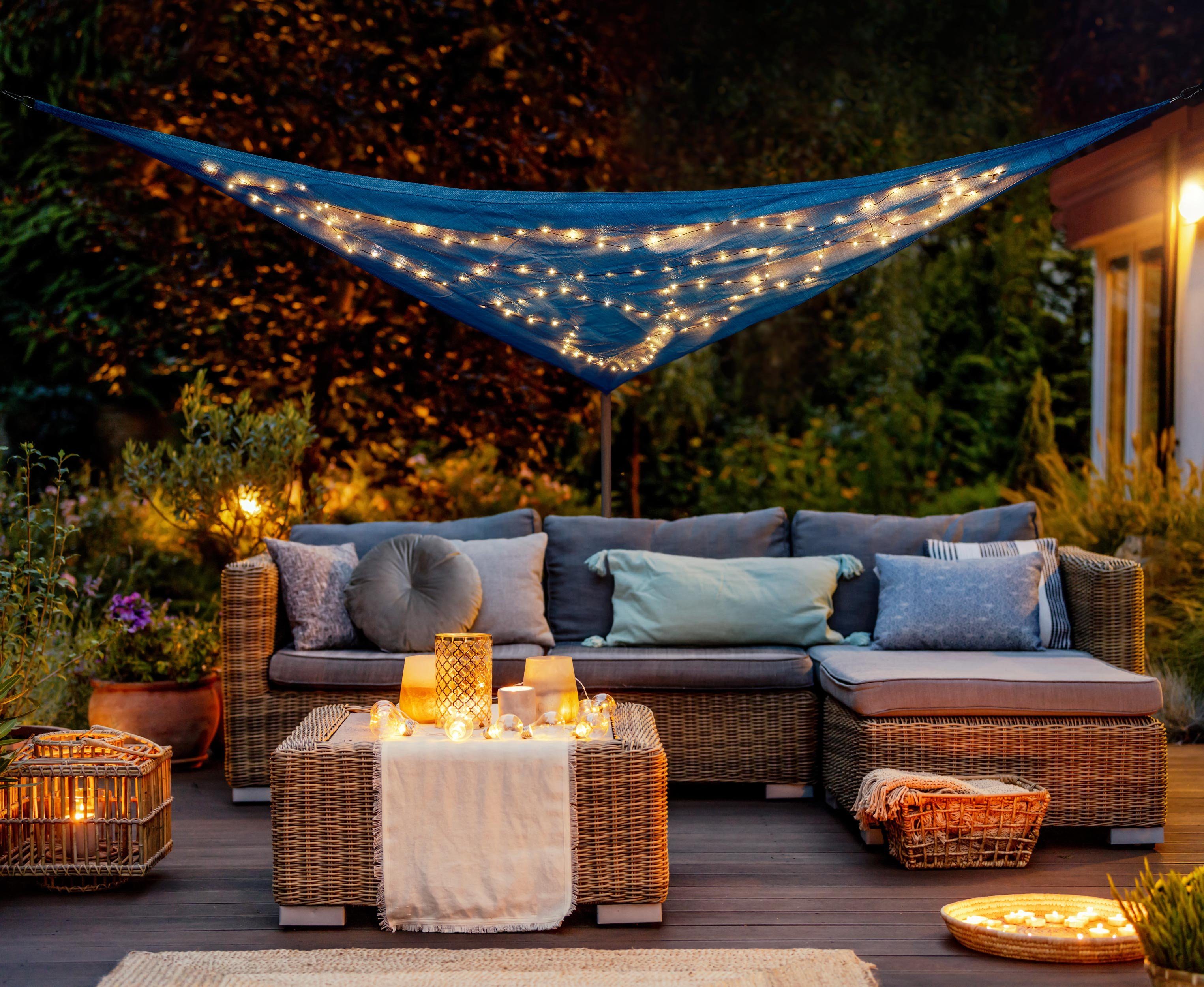 kamelshopping Sonnensegel Sonnensegel mit LED Solar Beleuchtung, dreieckig, ca. 3,25 x 3,25 x 3m, Polyethylen, Sonnenschutz mit Lichterkette, Funkelmodus, 110 LEDs, warmweiß