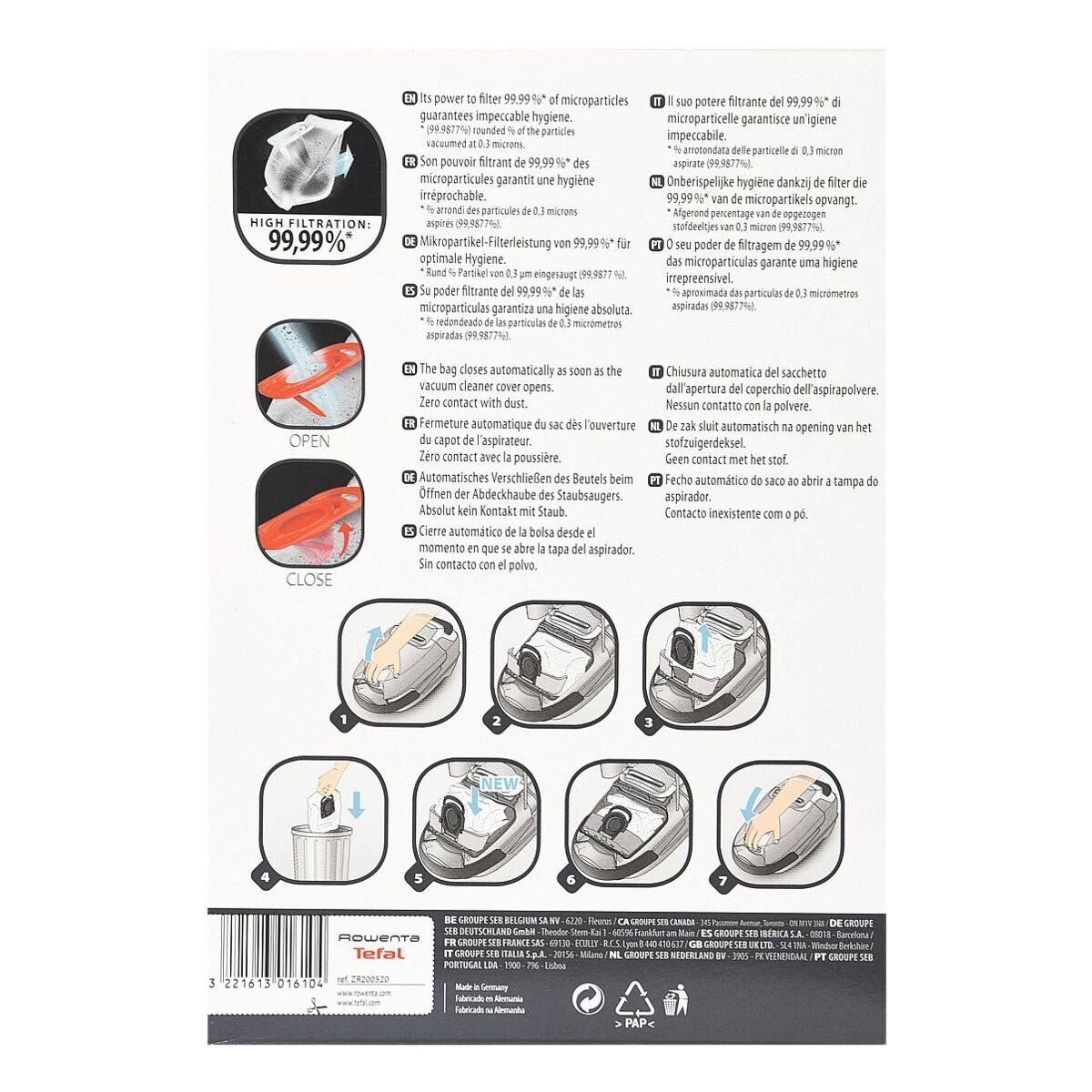Rowenta Staubsaugerbeutel High Filtration Hygiene + ZR200520, passend für Rowenta, 4 St., schließt automatisch bei Entnahme