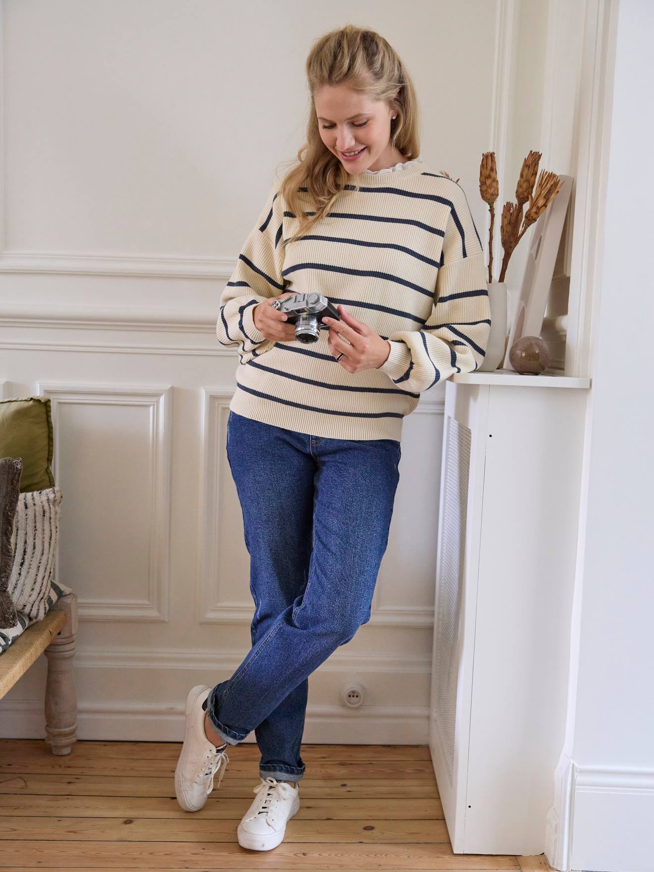 Vertbaudet Umstandspullover mit Volantkragen, Capsule Collection MAMA, TOCHTER & BABY - wollweiß/marine gestreift