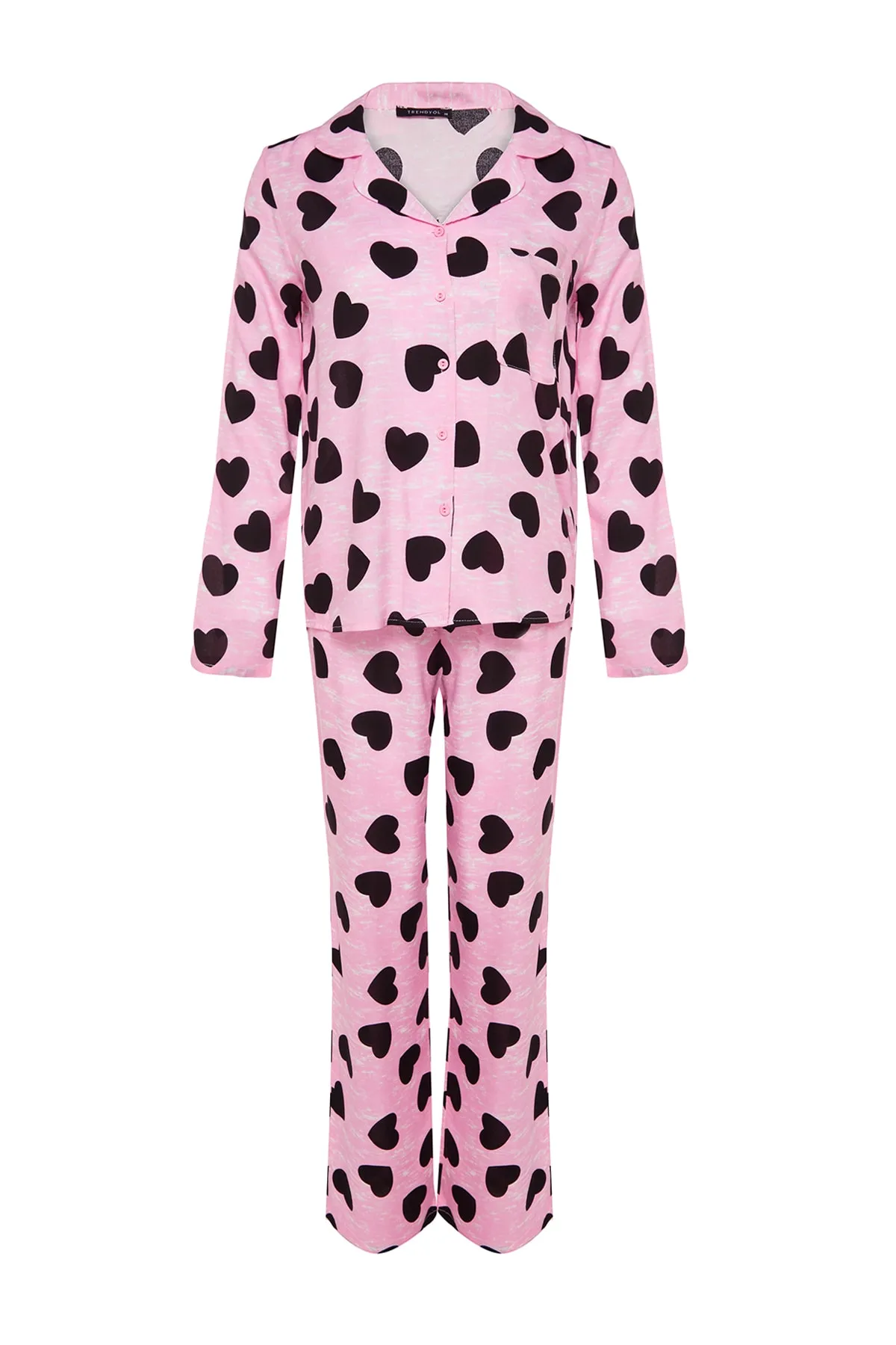 Trendyol Collection  Rosa Herz-Viskose-Hemd-Hose-Web-Pyjama-Set THMAW21PT0936