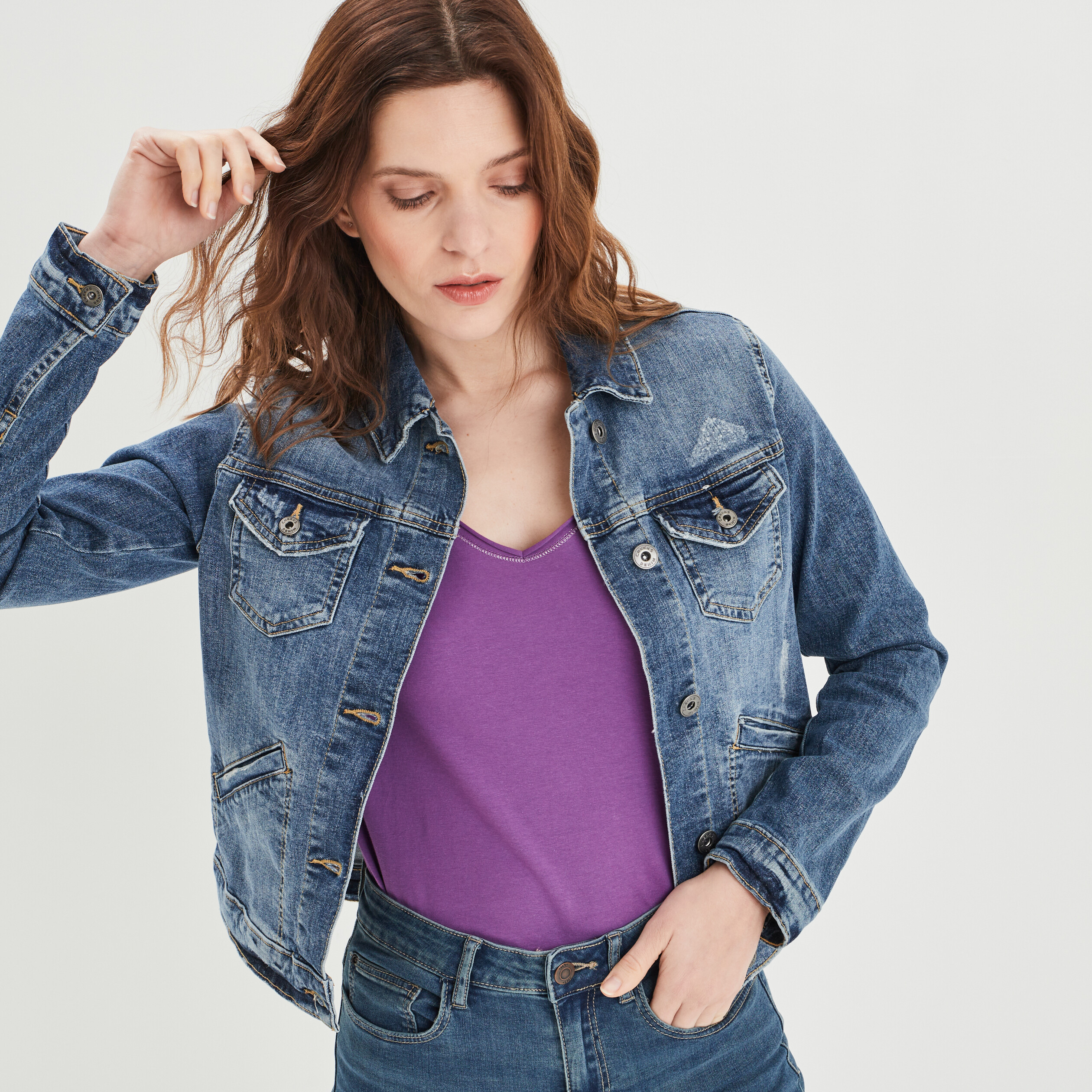 Veste droite boutonnée en jean denim double stone femme | La Halle