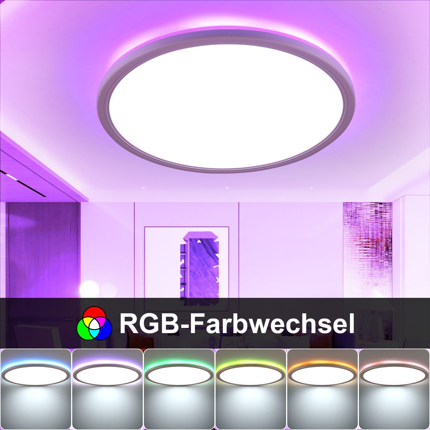 iscooter LED Deckenleuchte Ultra Dünn LED Deckenlampe, 24W RGB Backlight Deckenlampe Flach Rund, LED fest integriert, warmweiß, neutralweiß, kaltweiß, RGB, Dimmbar mit Fernbedienung, für Schlafzimmer/Wohnzimmer/Badezimmer/Küche